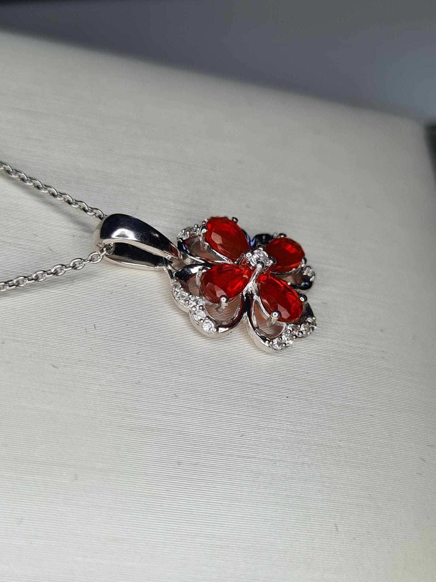 0.790ct. Fire Opal & Natural Zircon Clover Necklace in Platinum Overlay 925 Sterling Silver