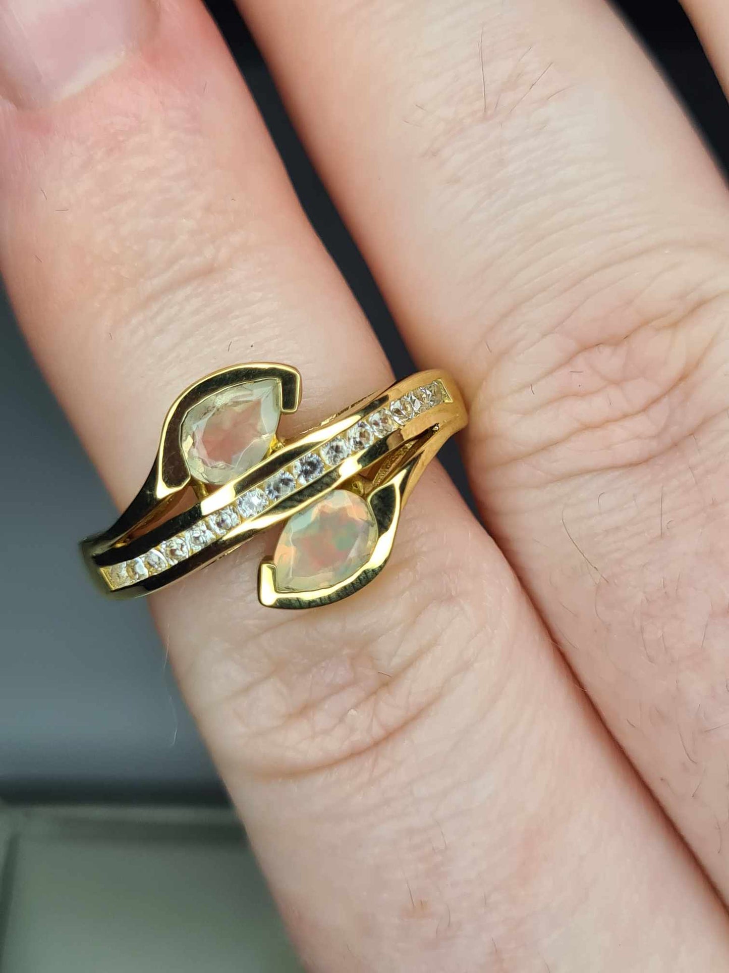 Ethiopian Welo Opal & Natural Zircon Bypass Ring in 18K Gold Overlay 925 Sterling Silver SIZE K