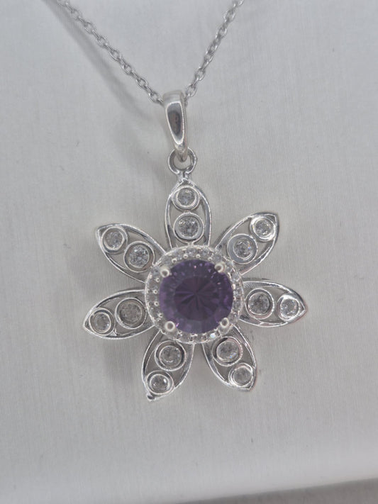 2.220ct. Flower Amethyst & White Zircon Necklace in Rhodium Overlay 925 Sterling Silver