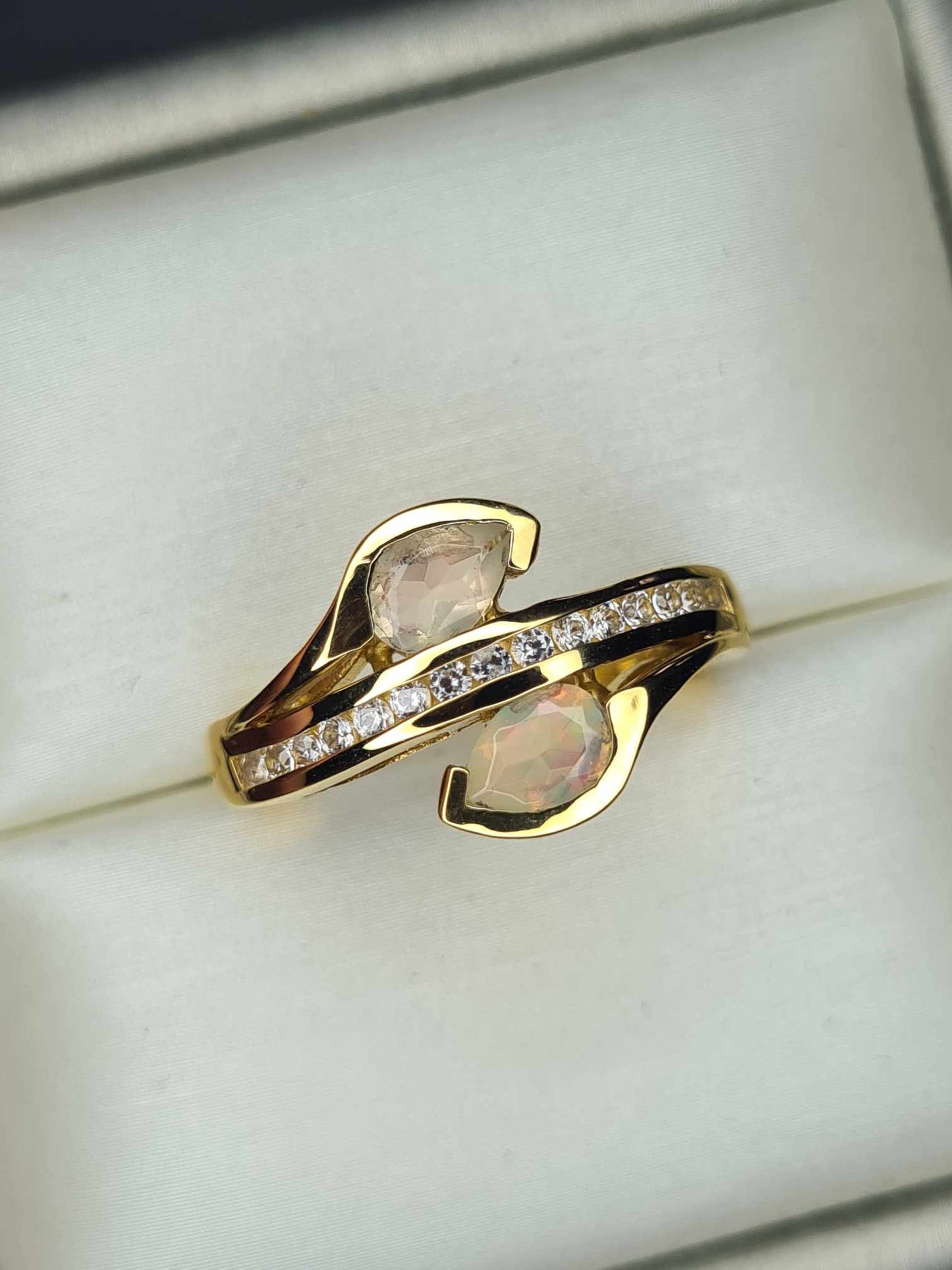 Ethiopian Welo Opal & Natural Zircon Bypass Ring in 18K Gold Overlay 925 Sterling Silver SIZE K