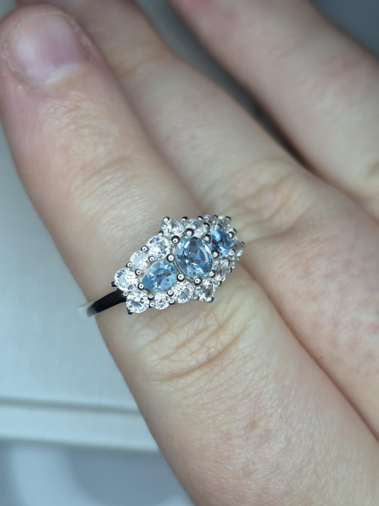 Santamaria Aquamarine & Zircon Boat Ring in Rhodium Overlay 925 Sterling Silver SIZE M