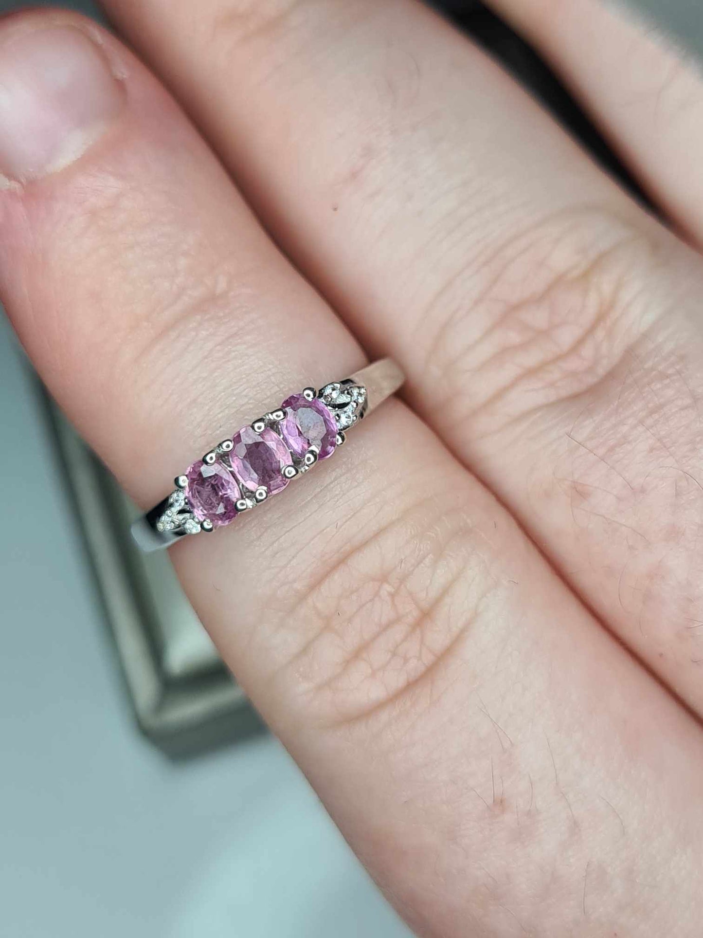 0.720ct Pink Sapphire and White Zircon Trilogy Ring in Rhodium 925 Sterling Silver SIZE K