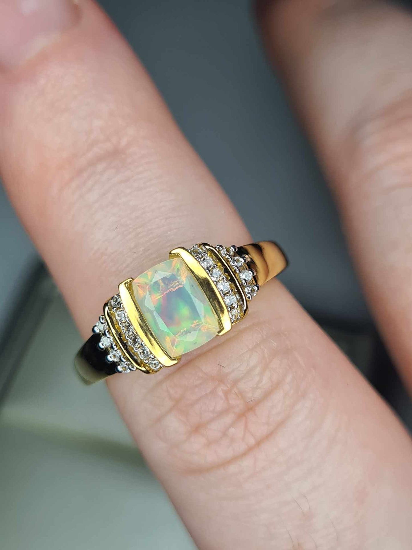 Ethiopian Welo Opal & Natural Zircon Ring in 18K Yellow Gold Overlay 925 Sterling Silver SIZE M