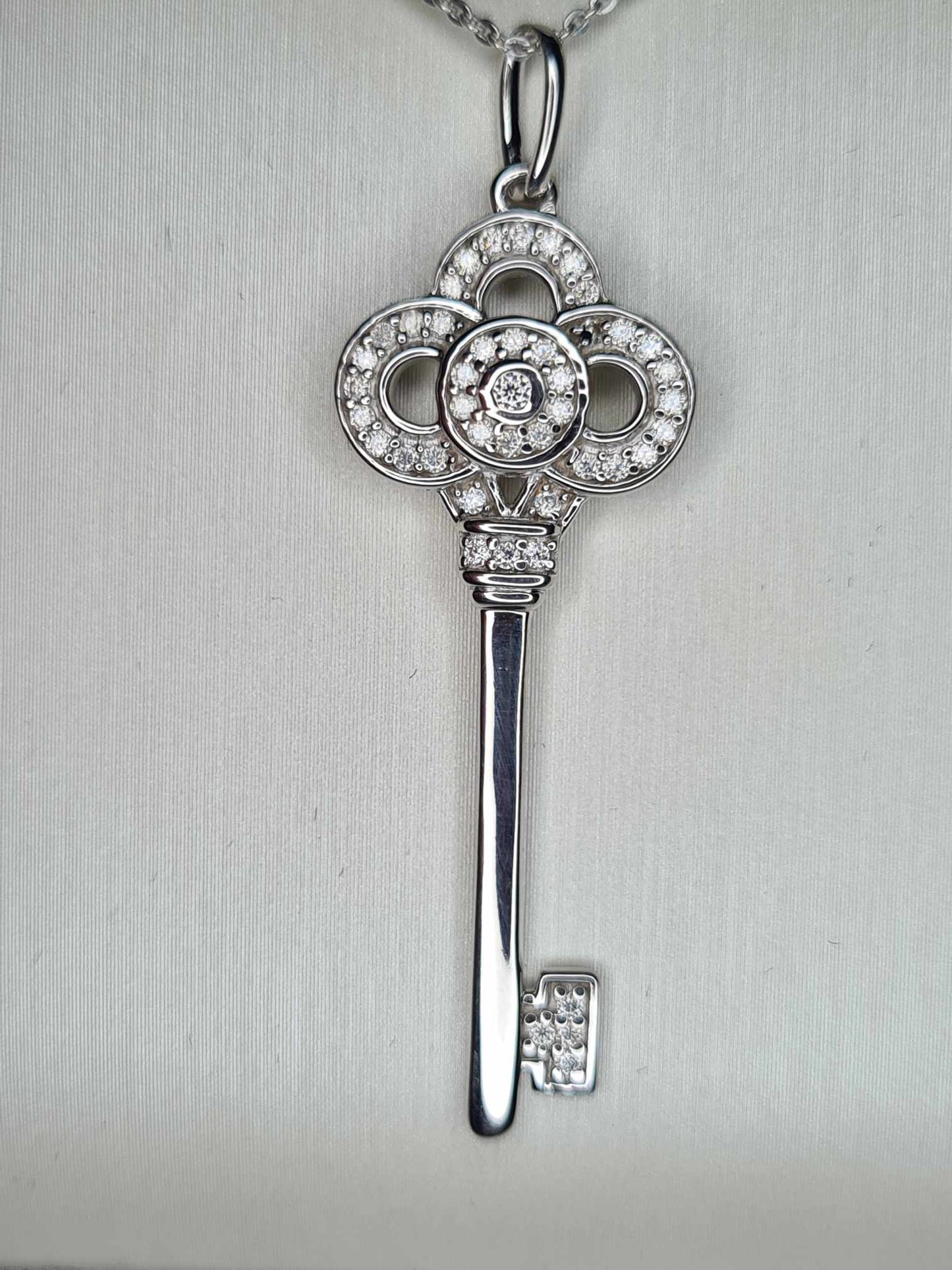 Moissanite Key Necklace Platinum Overlay 925 Sterling Silver