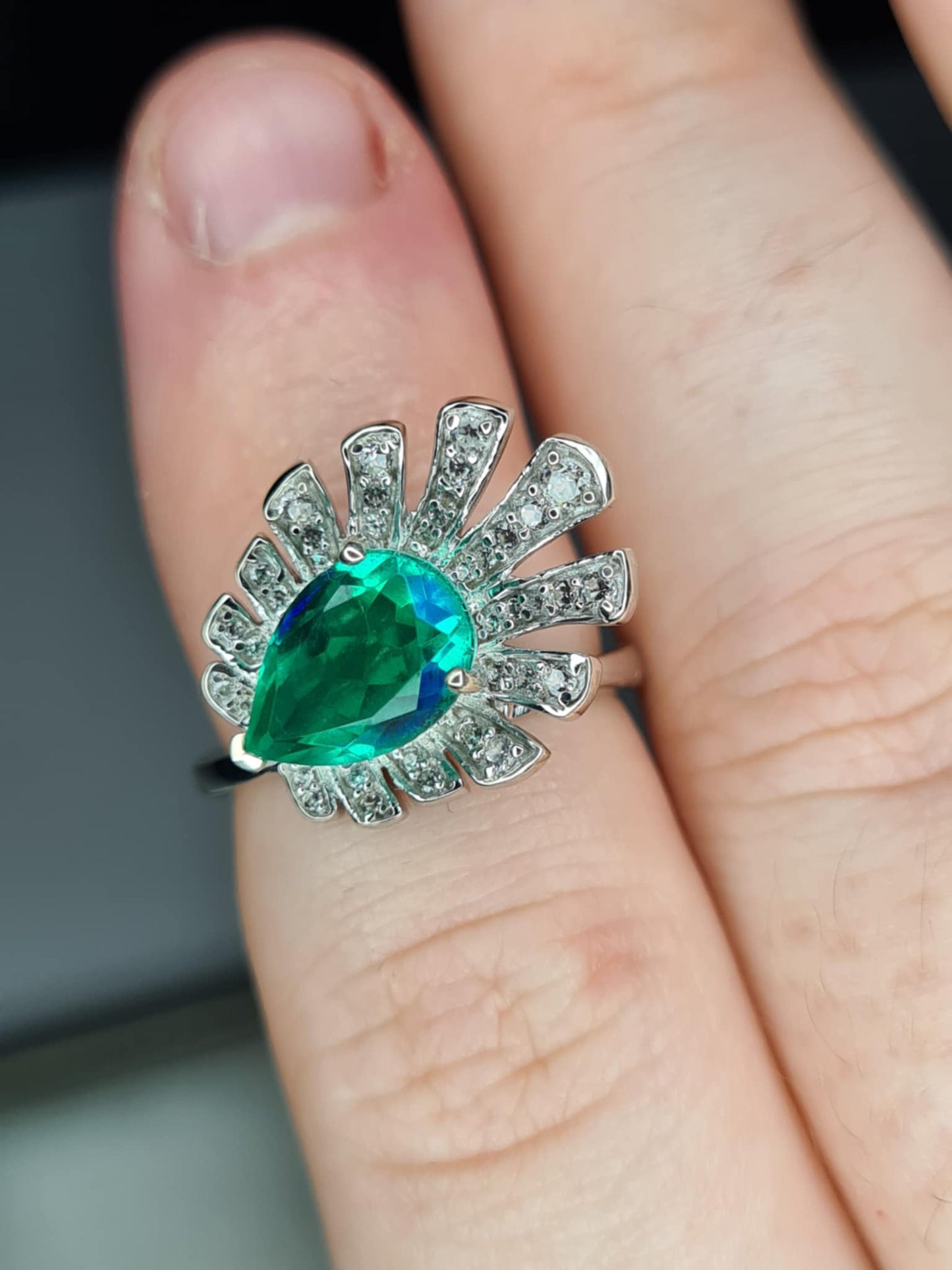 2.59 Ct Peacock Triplet Quartz, White Zircon Ring in 925 Sterling Silver SIZE K