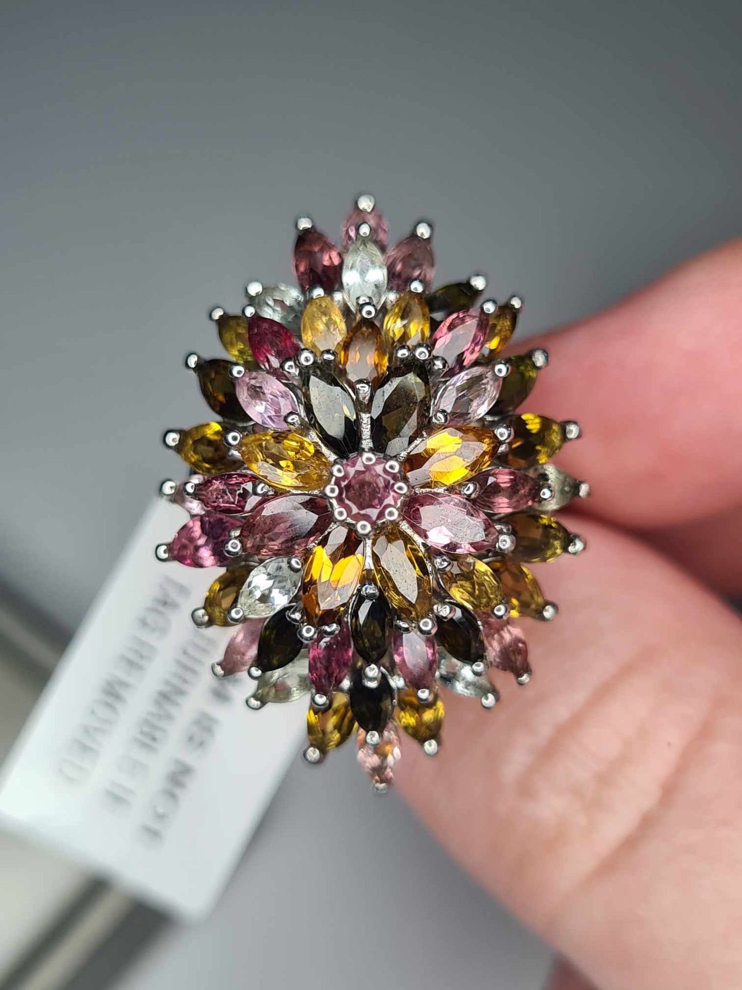 6.75 Ct Tourmaline Floral Cocktail Ring 925 Sterling Silver with a platinum overlay SIZE K