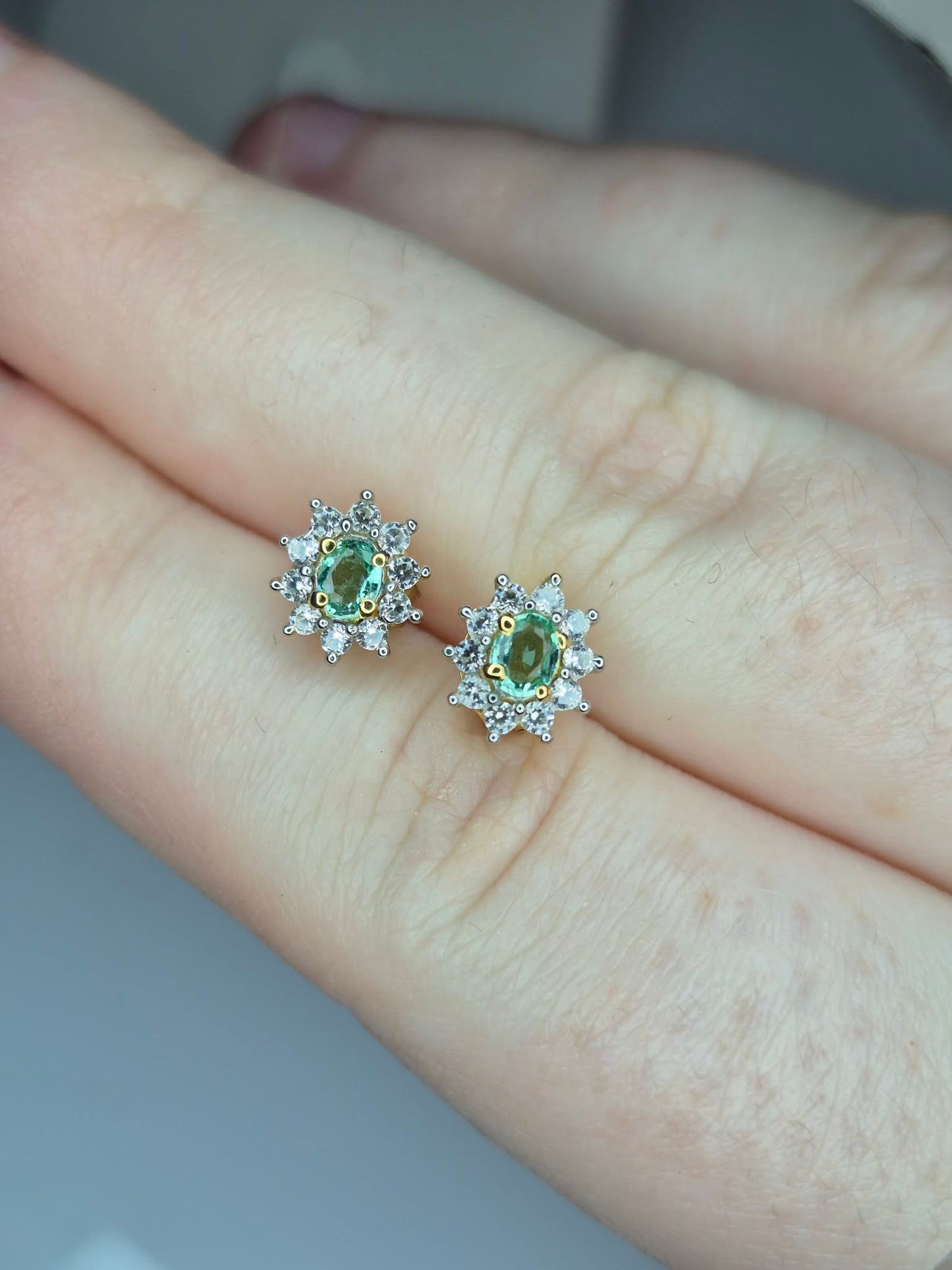 Colombian Emerald & White Zircon Stud Earrings 18k Gold Overlay 925 Sterling Silver