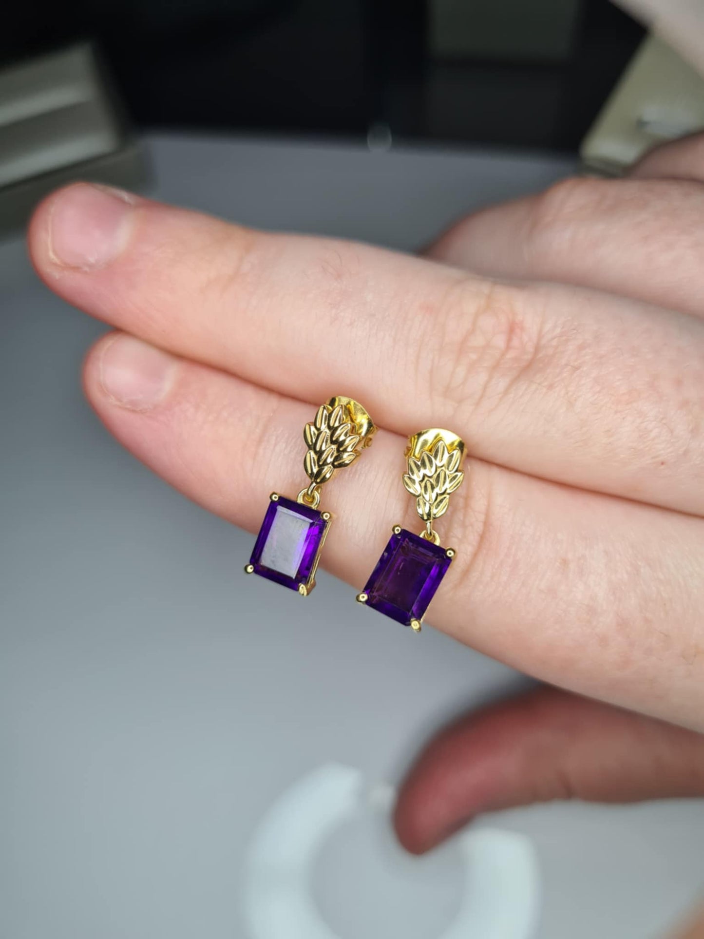 3.16ct AAA African Amethyst Dangling Earrings 18K Gold Overlay 925 Sterling Silver