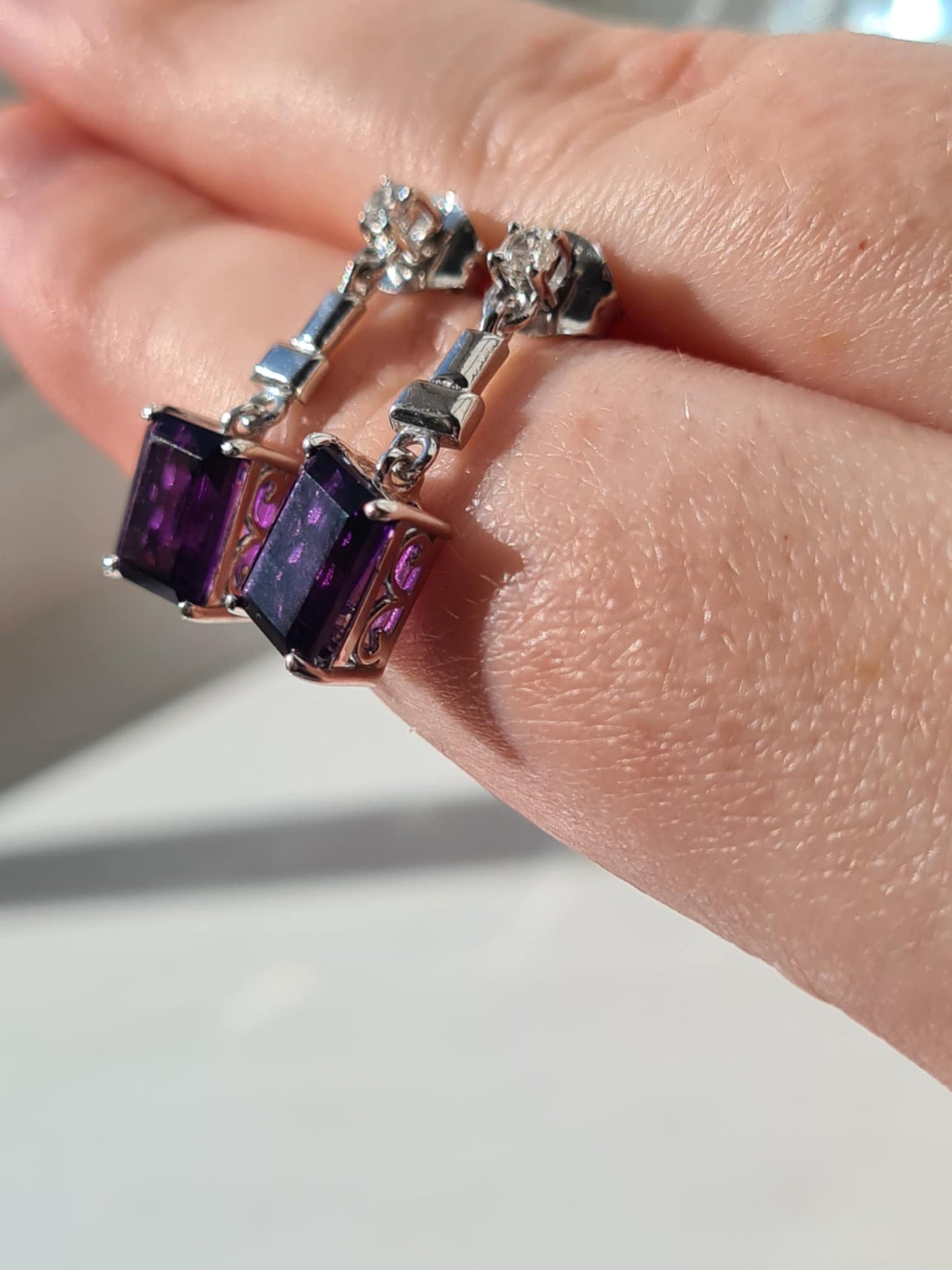 3.24ct AAA African Amethyst & White Zircon Dangling Earrings in Rhodium Overlay 925 Sterling Silver