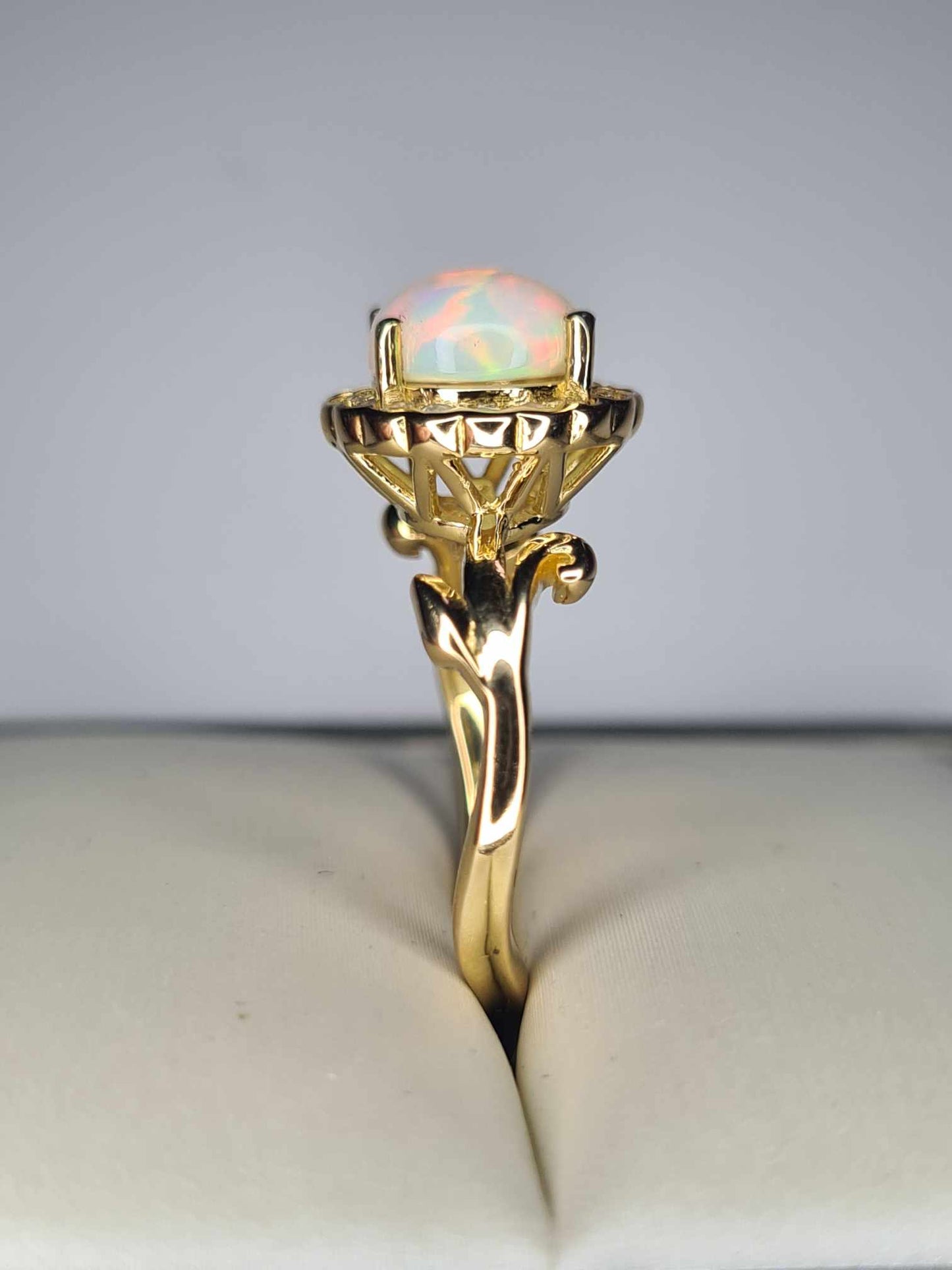 1.68ct Ethiopian Welo Opal, Natural Zircon Halo Ring in 18K Yellow Gold Overlay 925 Sterling Silver SIZE L