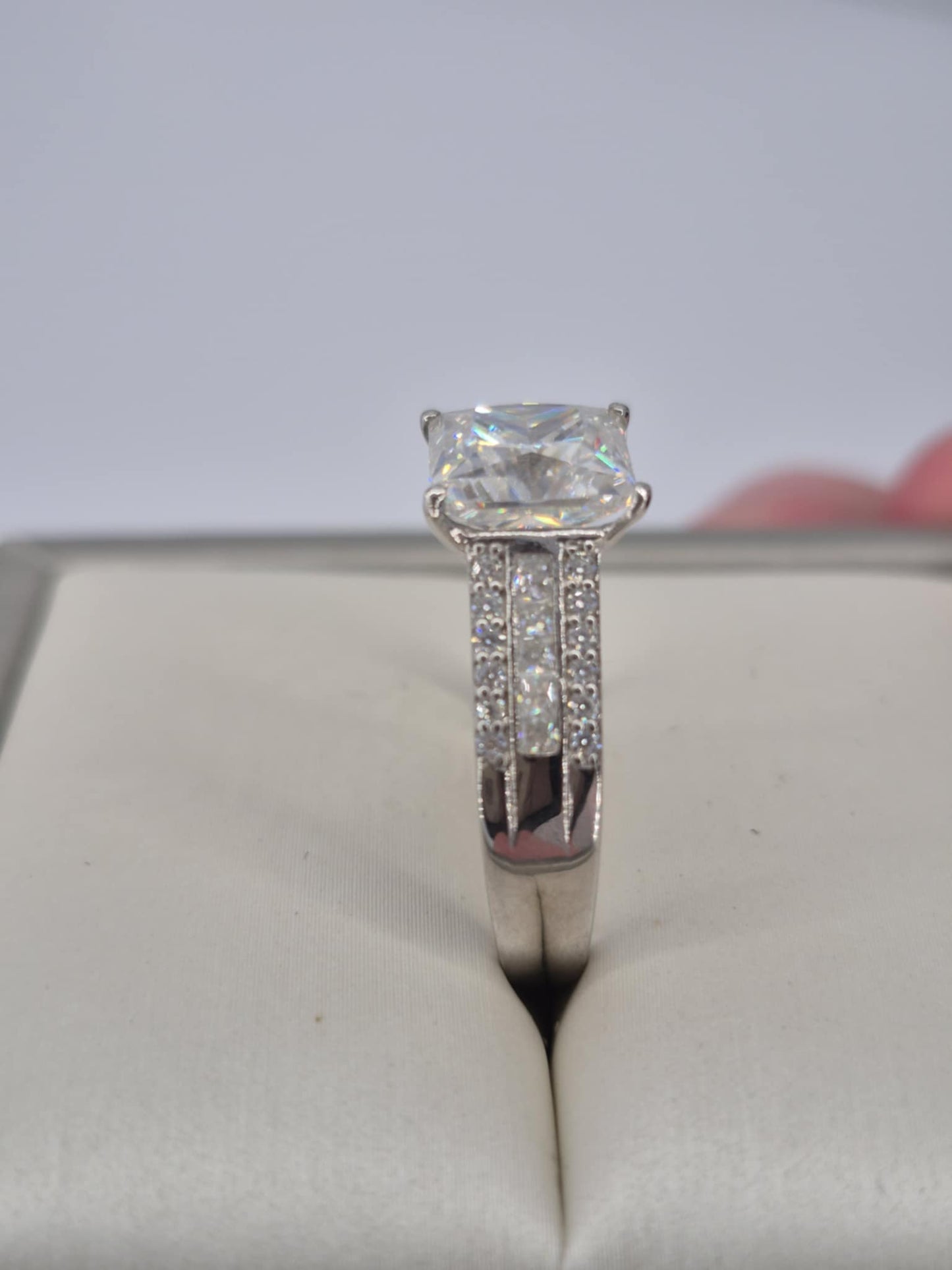 3.21ct Princess Cut Moissanite Ring in Rhodium Overlay 925 Sterling Silver SIZE N