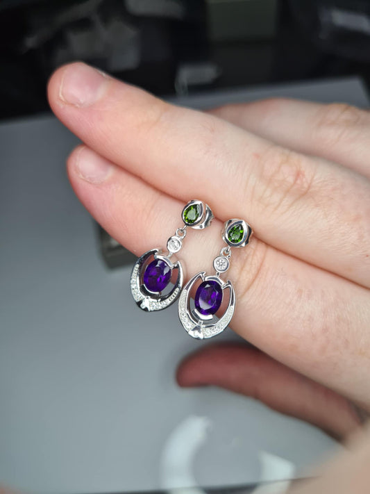 AAA African Amethyst, Natural Chrome Diopside & White Zircon Dangling Earrings 925 Sterling Silver
