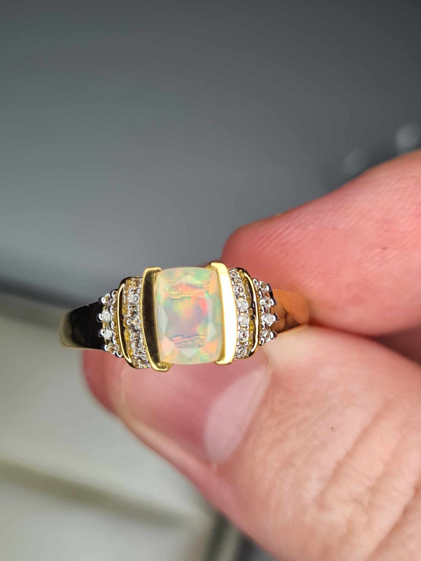 Ethiopian Welo Opal & Natural Zircon Ring in 18K Yellow Gold Overlay 925 Sterling Silver SIZE M