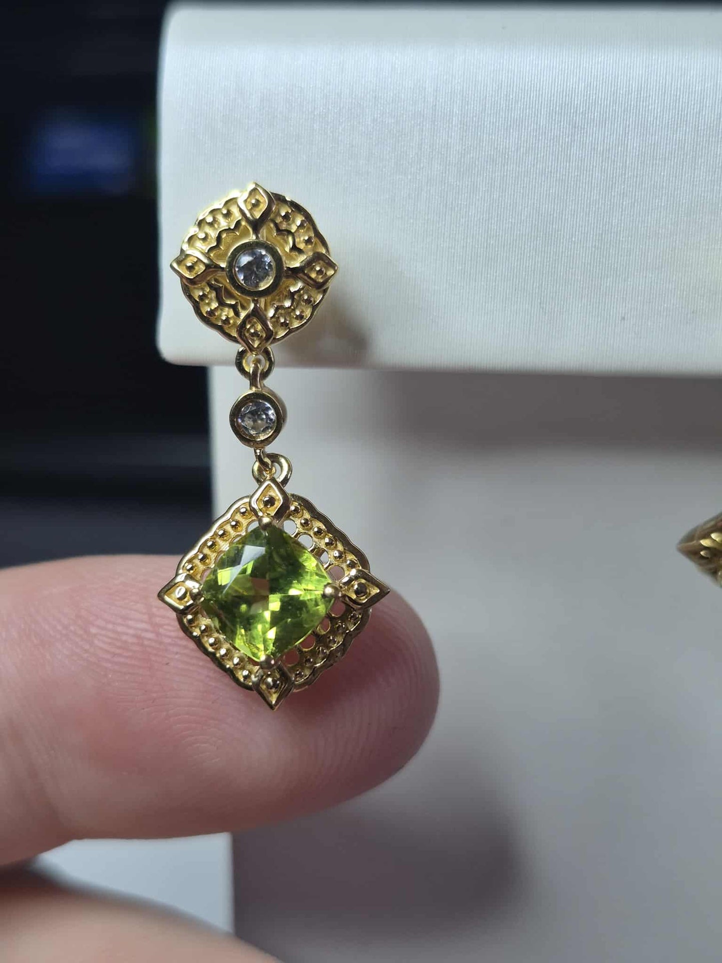 Natural Hebei Peridot, White Zircon Dangling Victorian Dangle Earrings 925 Sterling Silver