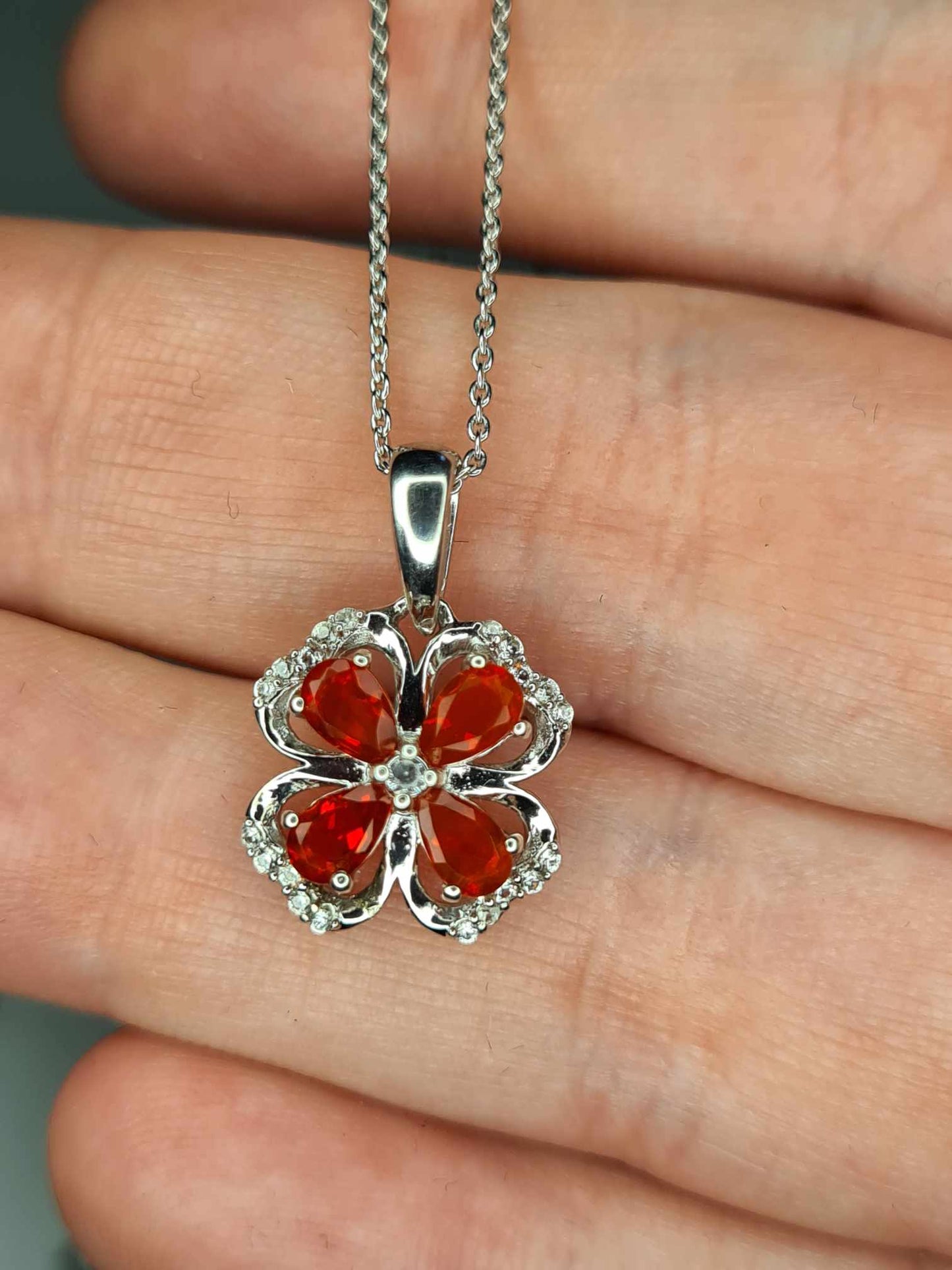 0.790ct. Fire Opal & Natural Zircon Clover Necklace in Platinum Overlay 925 Sterling Silver