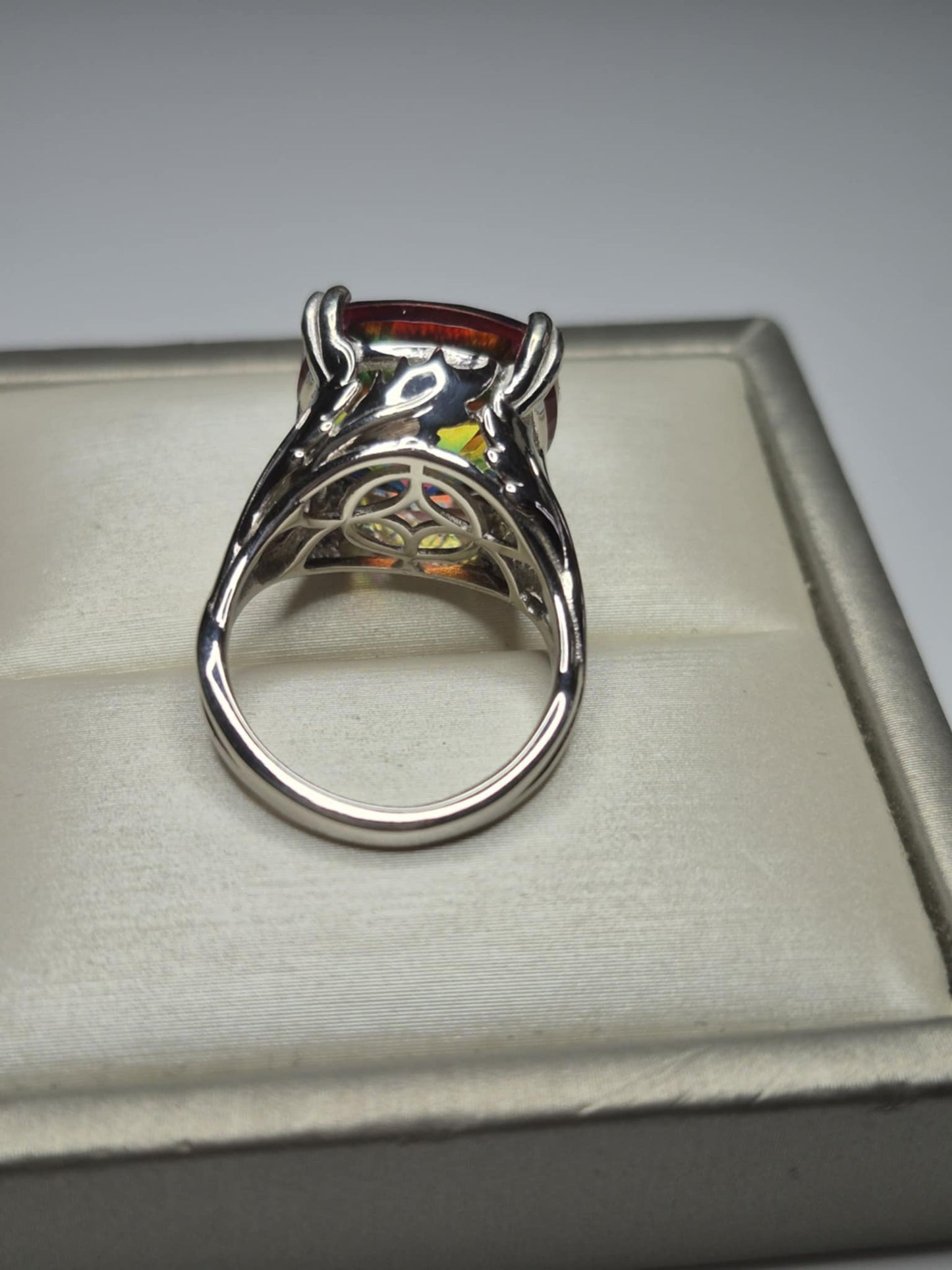 11.06ct Nebula Quartz Doublet Solitaire Ring in Rhodium Overlay 925 Sterling Silver