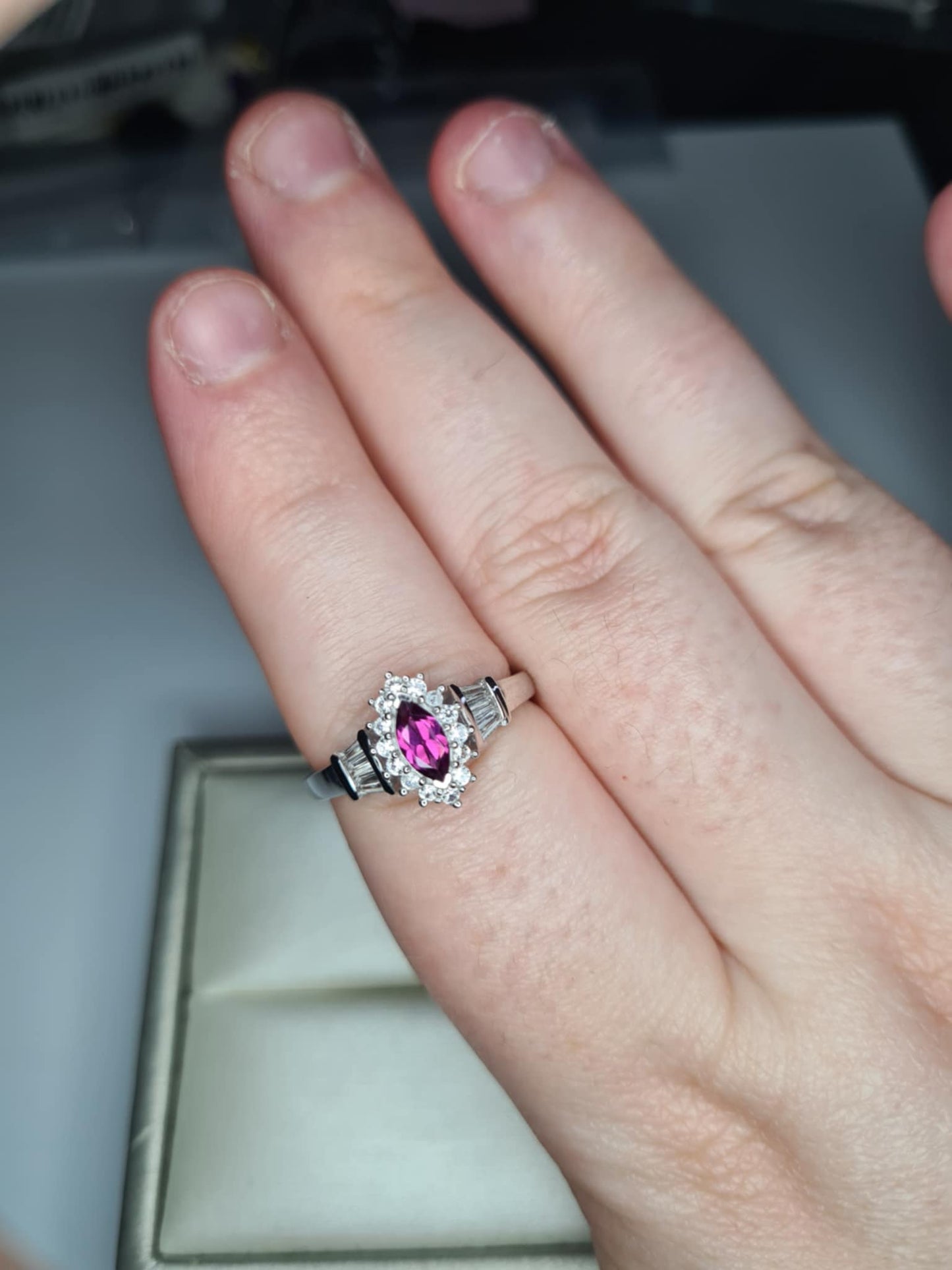 1.90ct Natural Radiant Ember Garnet, White Zircon Halo Ring in Rhodium 925 Overlay Sterling Silver SIZE P