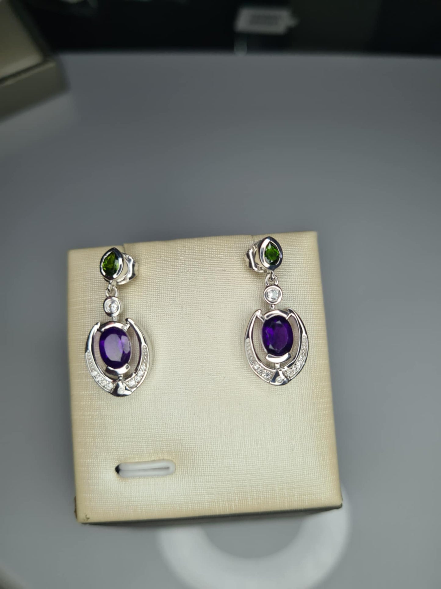 AAA African Amethyst, Natural Chrome Diopside & White Zircon Dangling Earrings 925 Sterling Silver