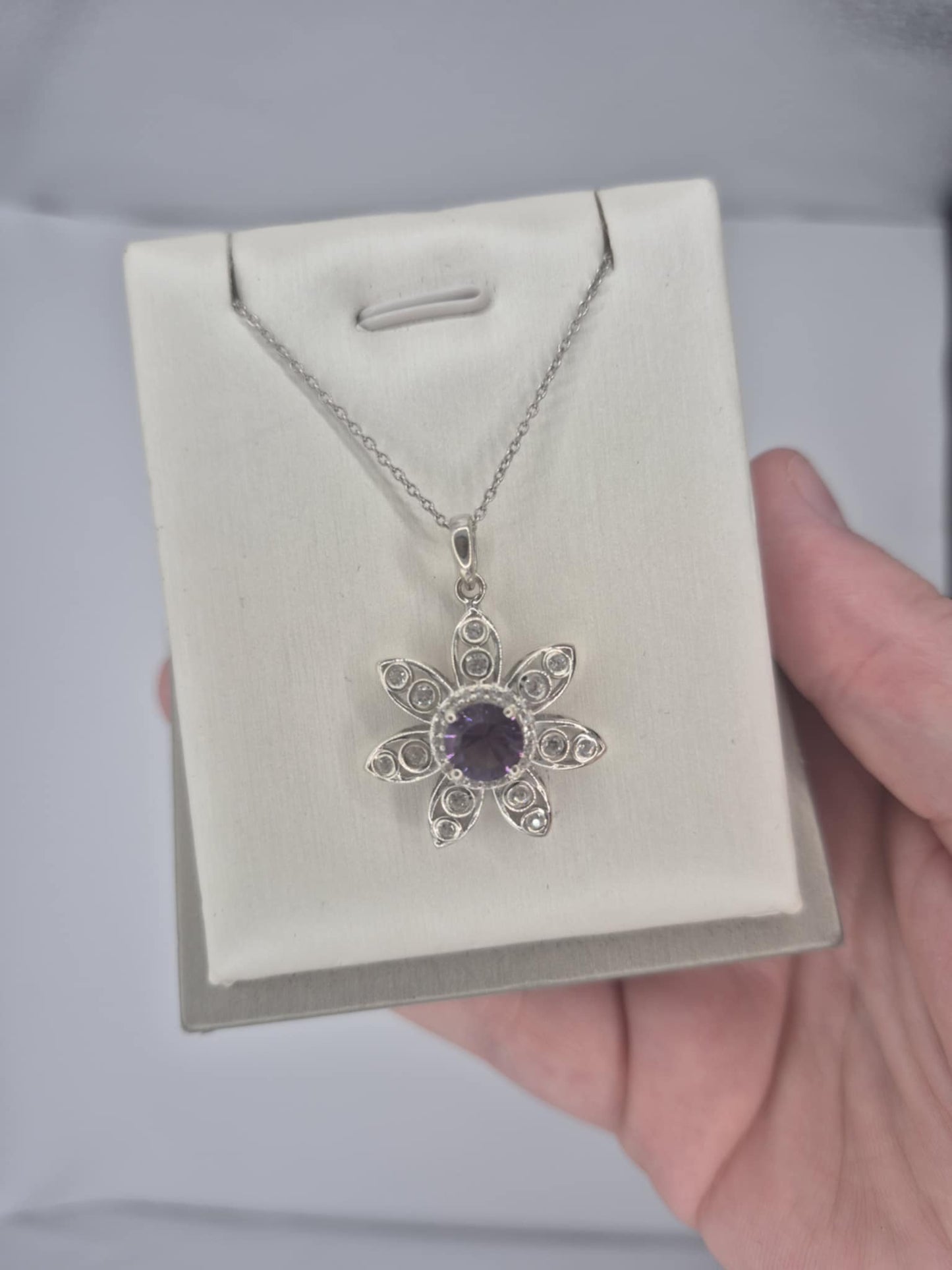 2.220ct. Flower Amethyst & White Zircon Necklace in Rhodium Overlay 925 Sterling Silver