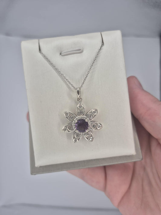 2.220ct. Flower Amethyst & White Zircon Necklace in Rhodium Overlay 925 Sterling Silver