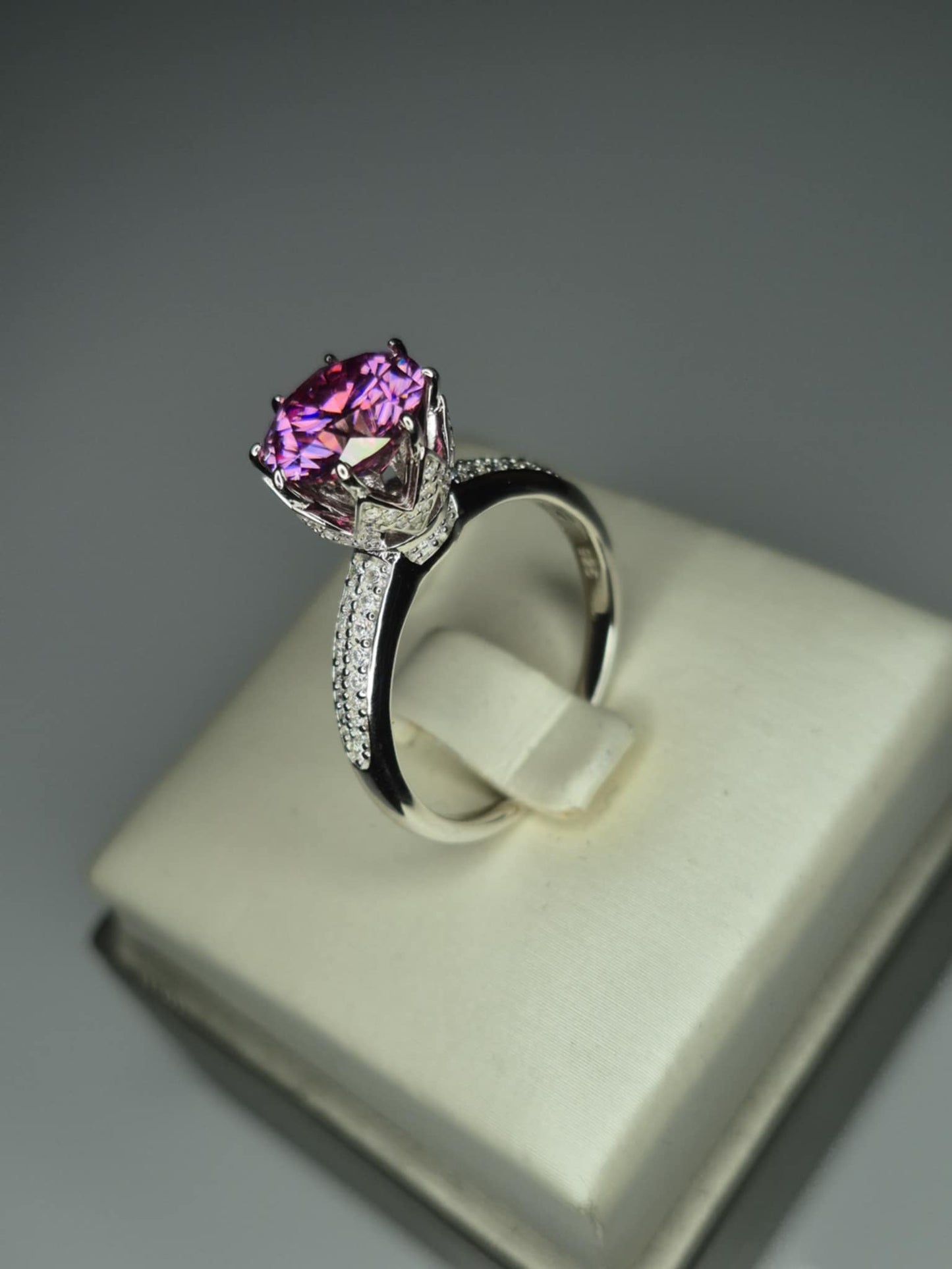 2.91ct Pink Lotus Moissanite Ring in Rhodium Overlay 925 Sterling Silver SIZE P