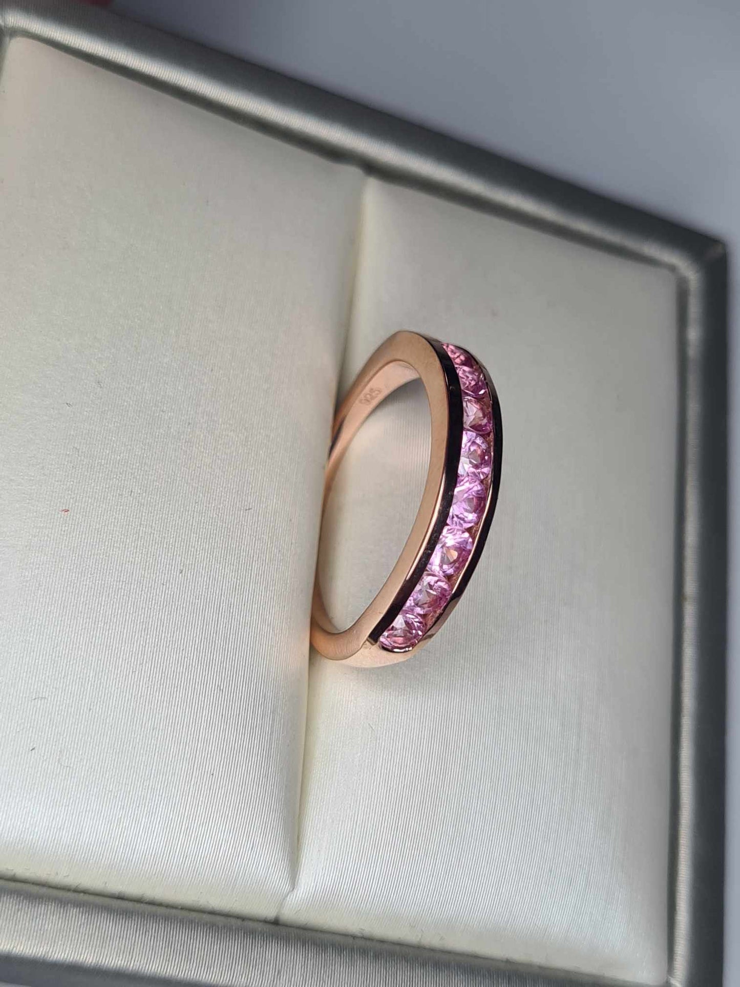 Pink Sapphire Half Eternity Band Ring 18k Rose Gold Overlay 925 sterling silver SIZE K