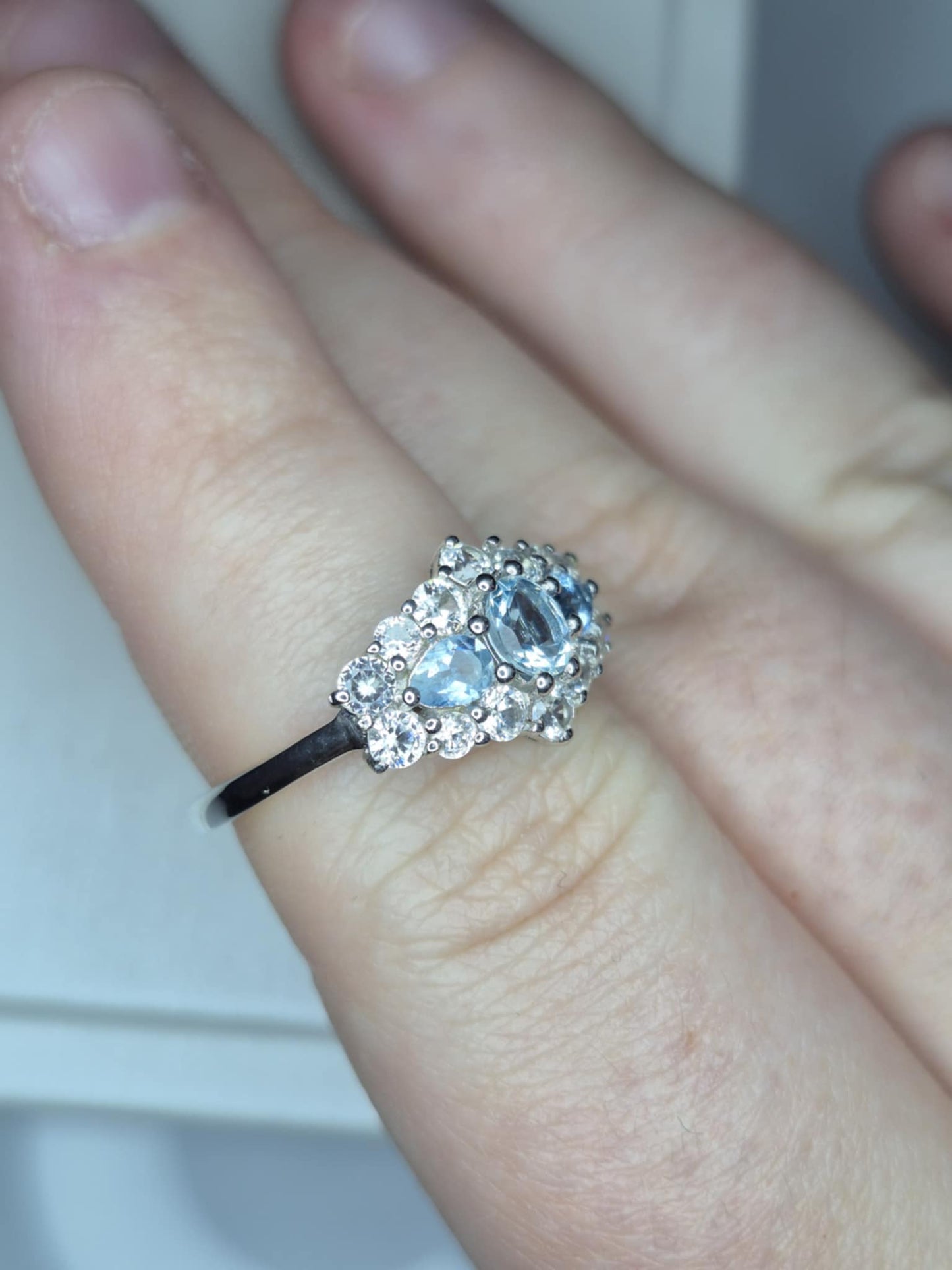 Santamaria Aquamarine & Zircon Boat Ring in Rhodium Overlay 925 Sterling Silver SIZE M