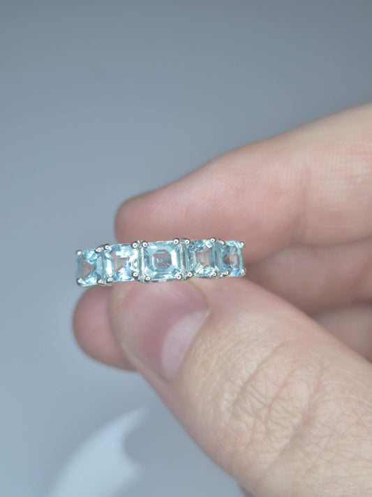 2.22ct Lagoon Apatite &Lab Grown Diamond 5 Stone Ring in Rhodium Overlay 925 Sterling Silver
