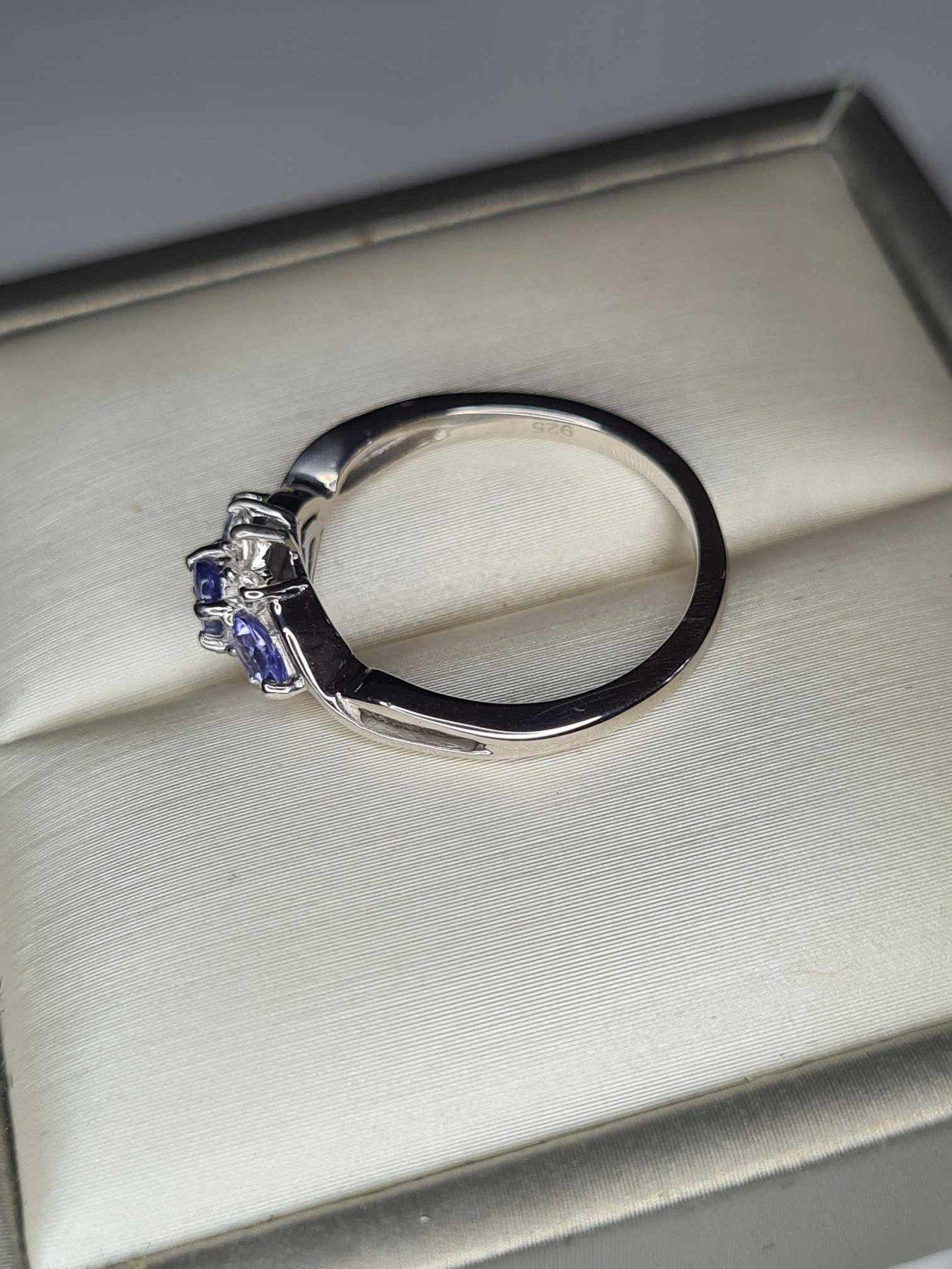 0.661ct Tanzanite & White Zircon Three Stone Ring in Platinum Overlay 925 Sterling Silver SIZE L