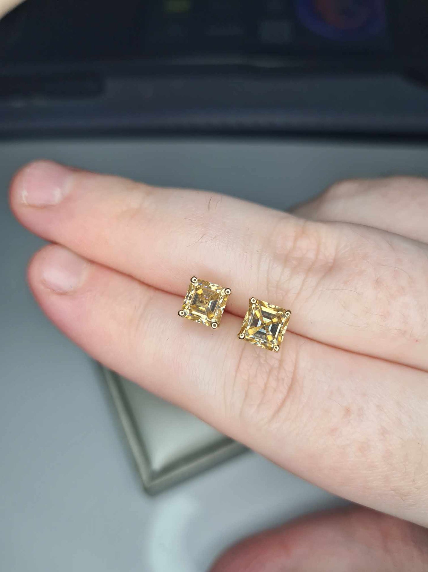 2.50ct 9K Yellow Gold Champagne Moissanite Princess Cut Solitaire Stud Earrings