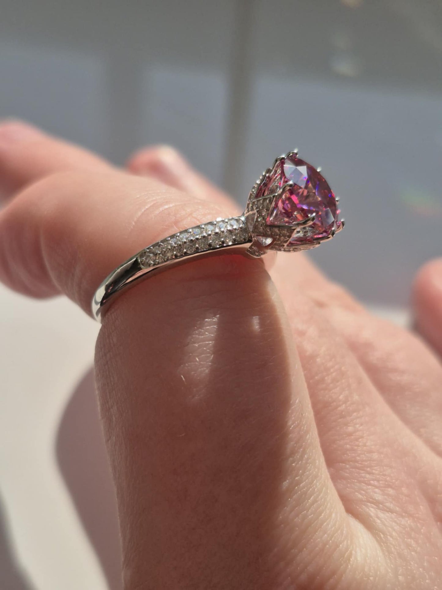 2.91ct Pink Lotus Moissanite Ring in Rhodium Overlay 925 Sterling Silver SIZE P