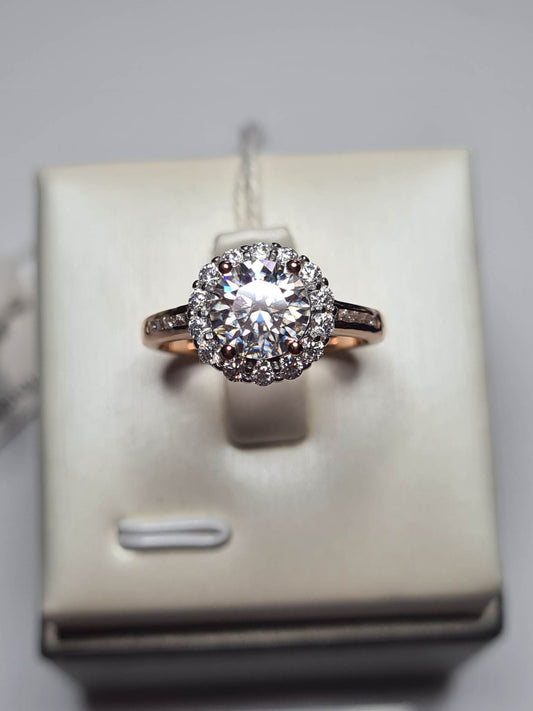Moissanite Halo Ring 18k Rose Gold over 925 Sterling Silver SIZE L