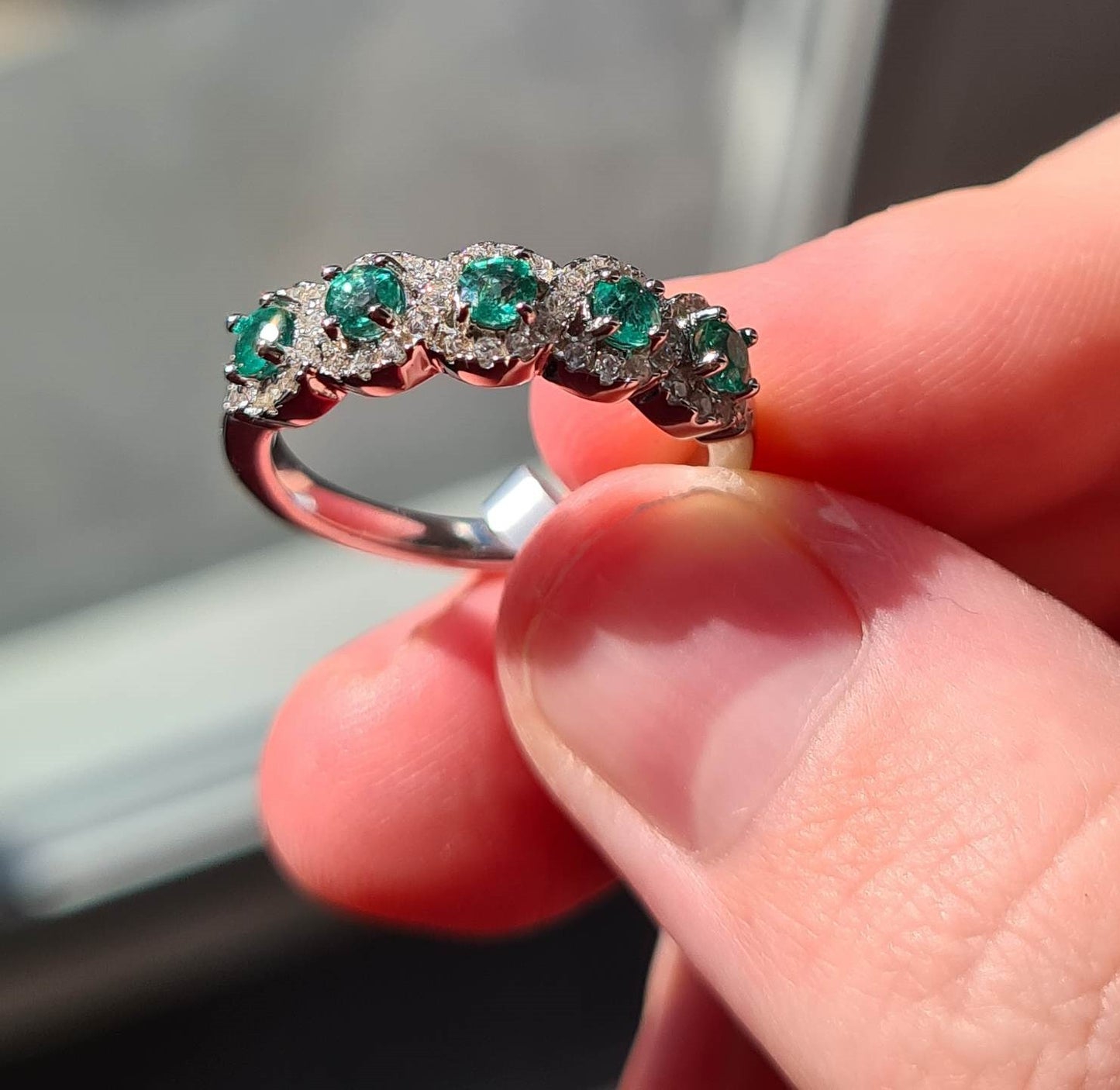 AAA Kagem Gemfields Emerald & Cambodian Zircon Ring in 925 Sterling Silver SIZE N