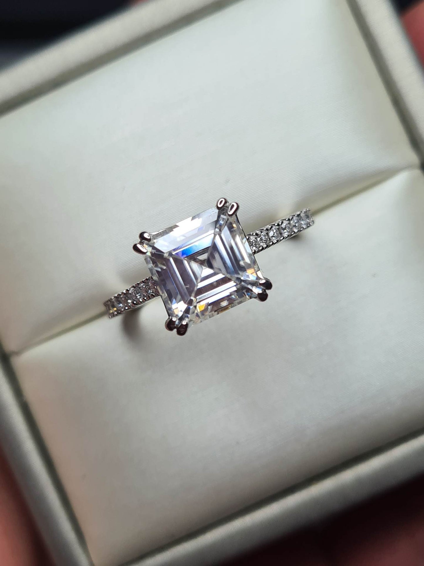 3.922ct Moissanite Asscher Cut Ring 925 Sterling Silver SIZE R