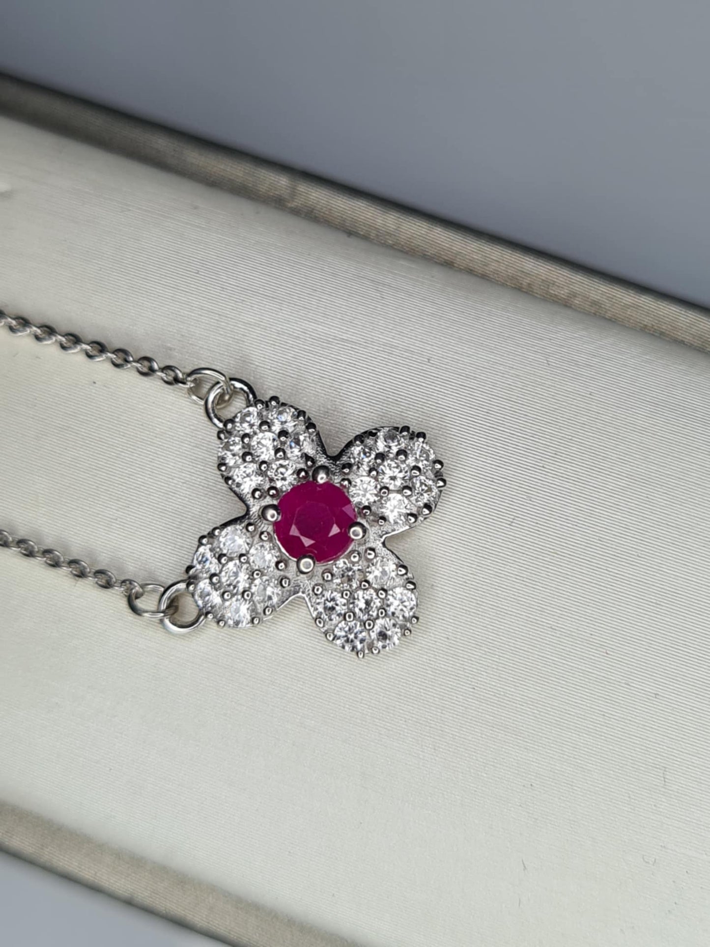 Mozambique Ruby, White Zircon Floral Necklace in Rhodium Overlay 925 Sterling Silver