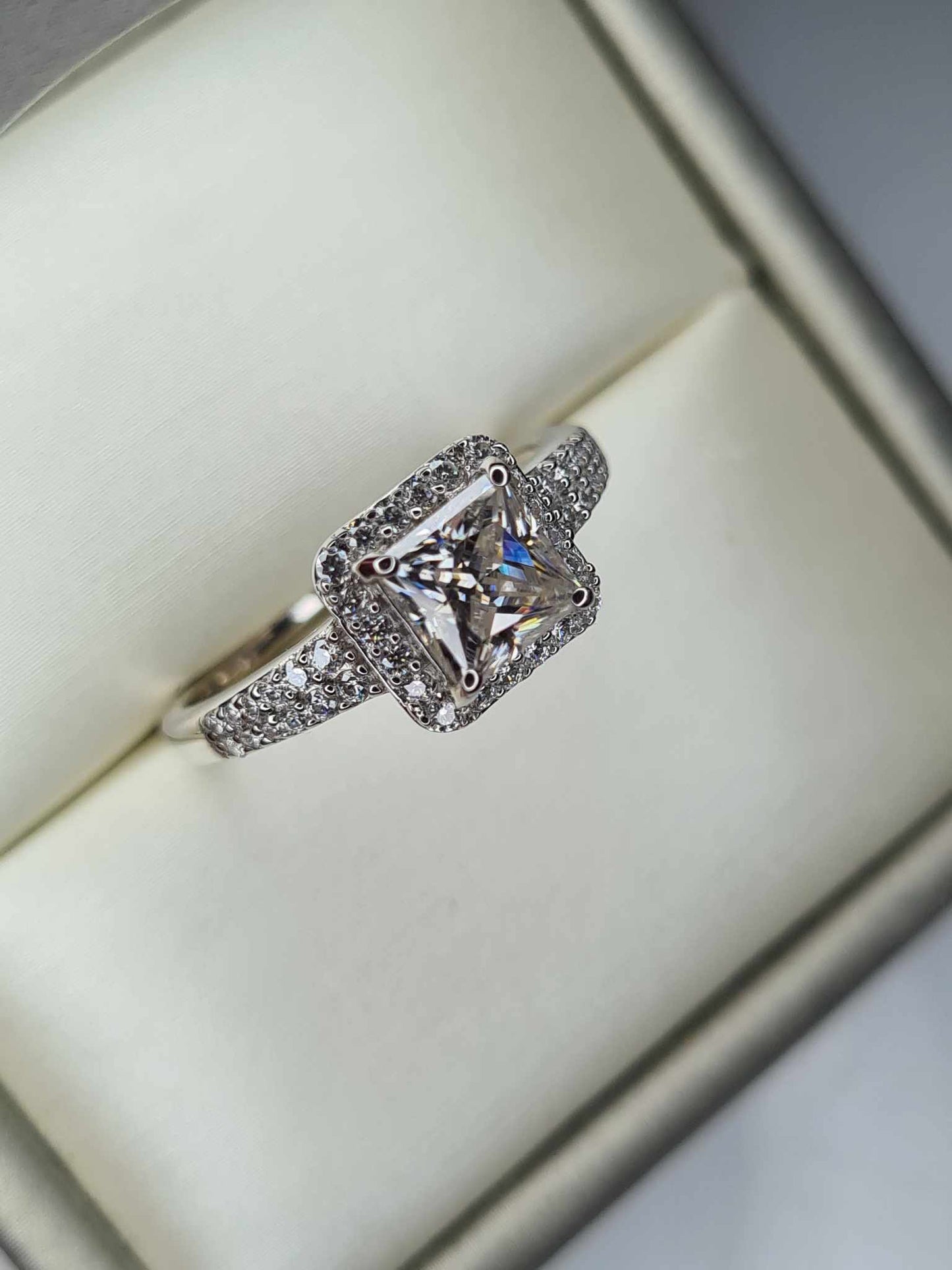 1.58ct Moissanite Square Cut Halo Ring 925 Sterling Silver SIZES N, P, R