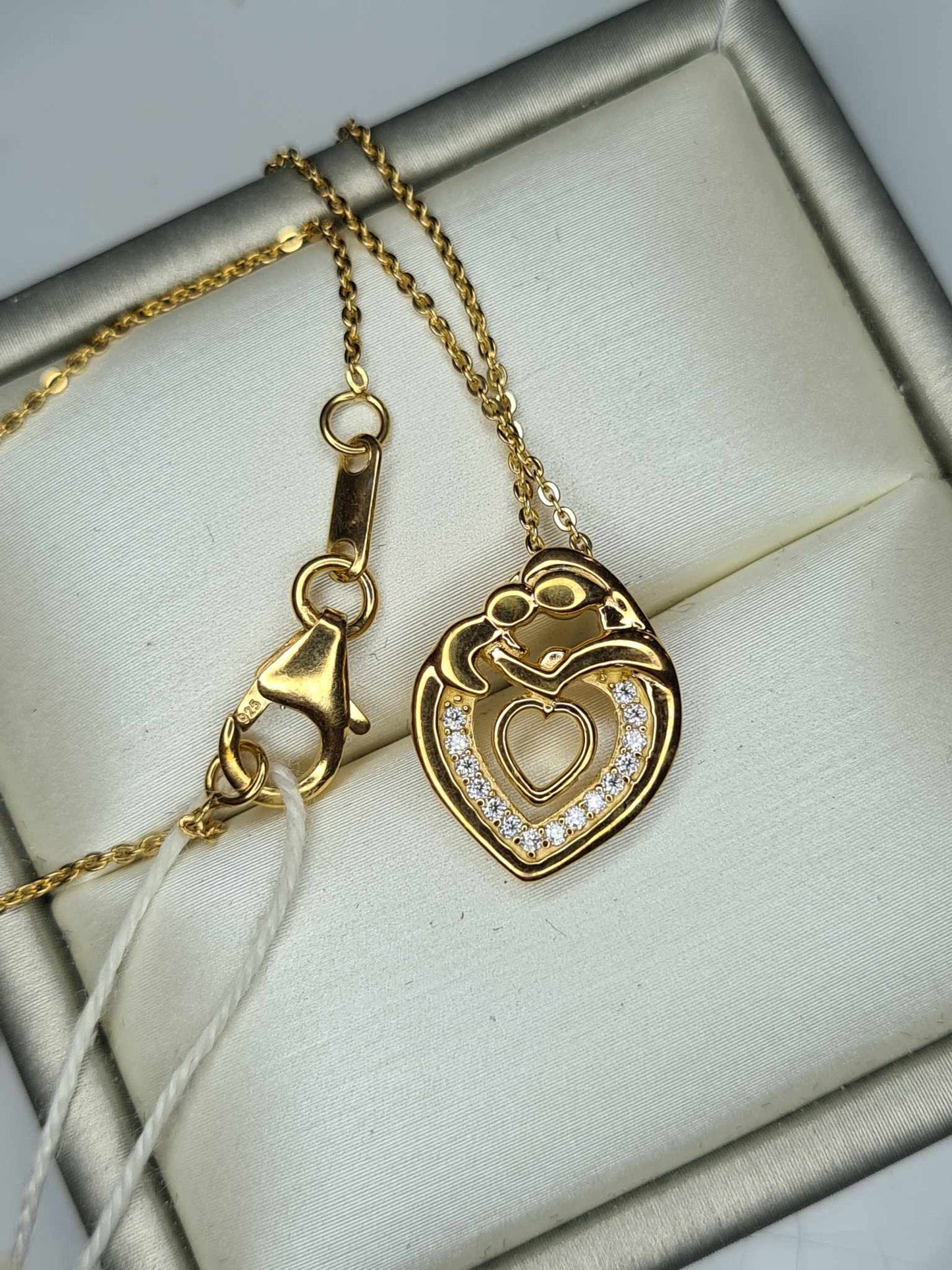 Moissanite Heart Mother Necklace 18k Gold Overlay Sterling Silver