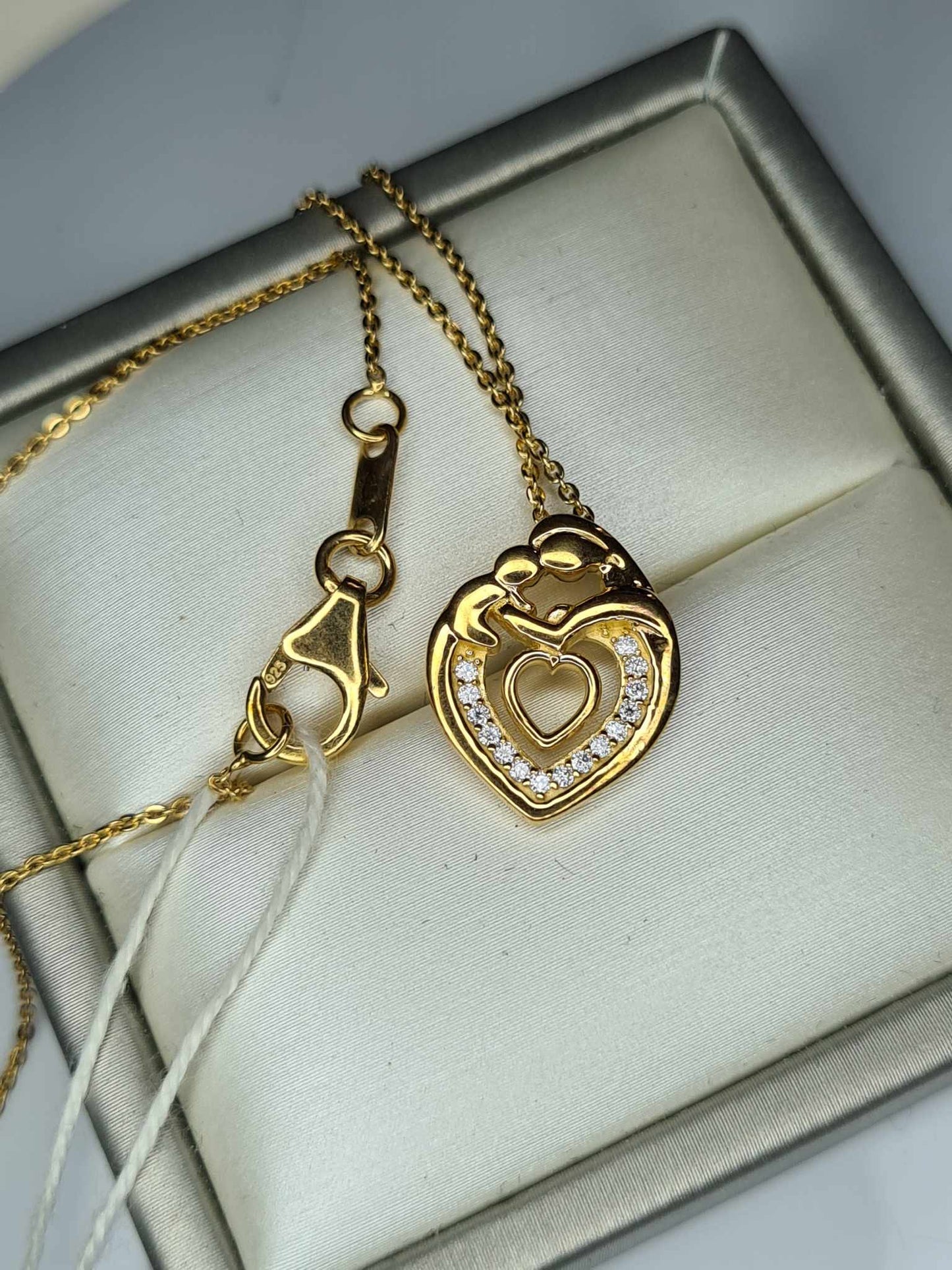 Moissanite Heart Mother Necklace 18k Gold Overlay Sterling Silver