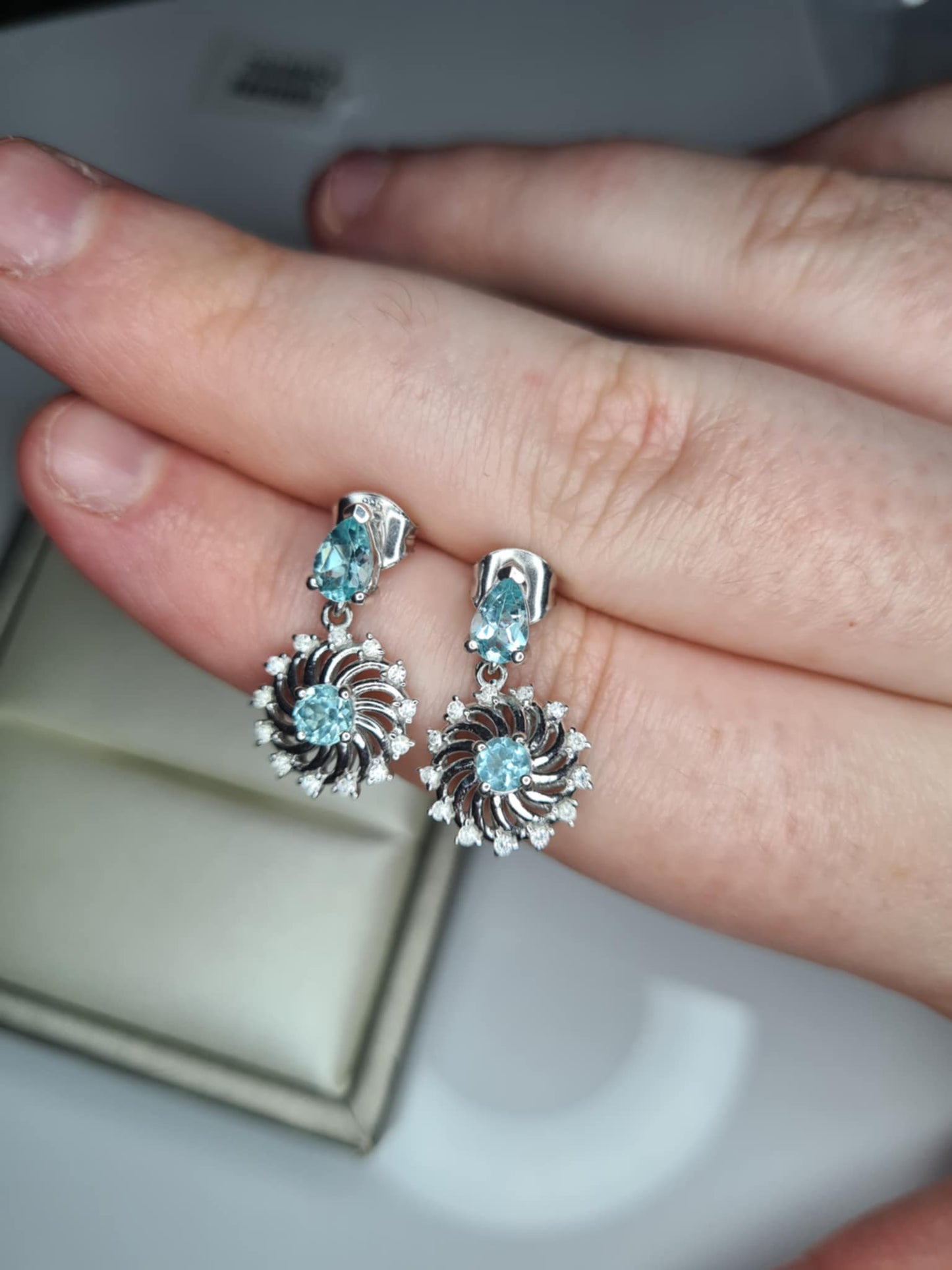 1.70ct Lagoon Apatite & White Zircon Small Dangling Earrings 925 Sterling Silver