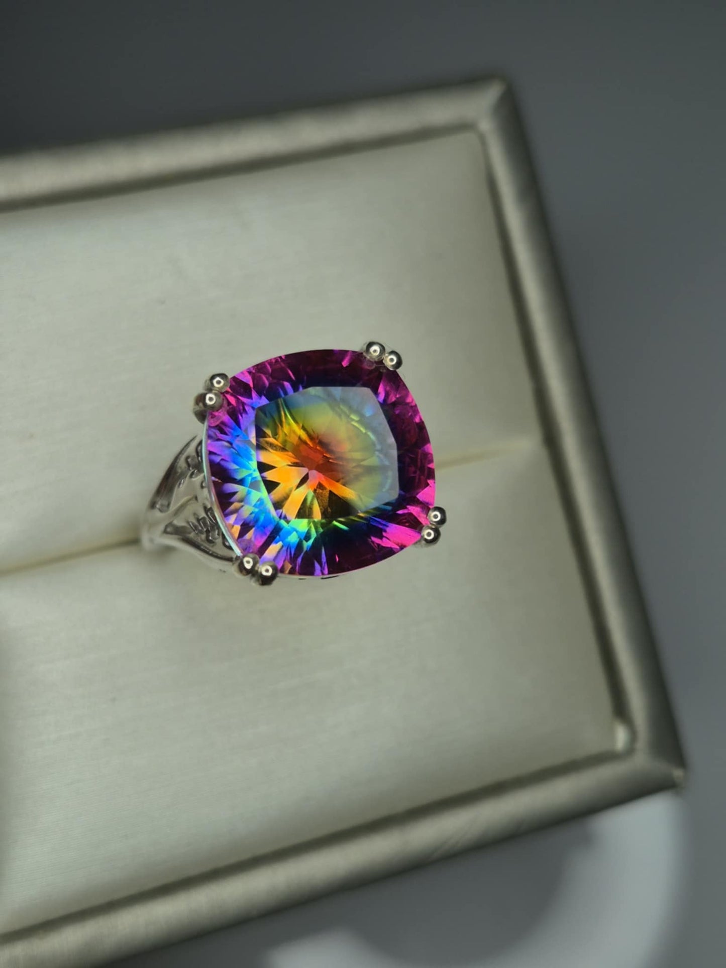 11.06ct Nebula Quartz Doublet Solitaire Ring in Rhodium Overlay 925 Sterling Silver