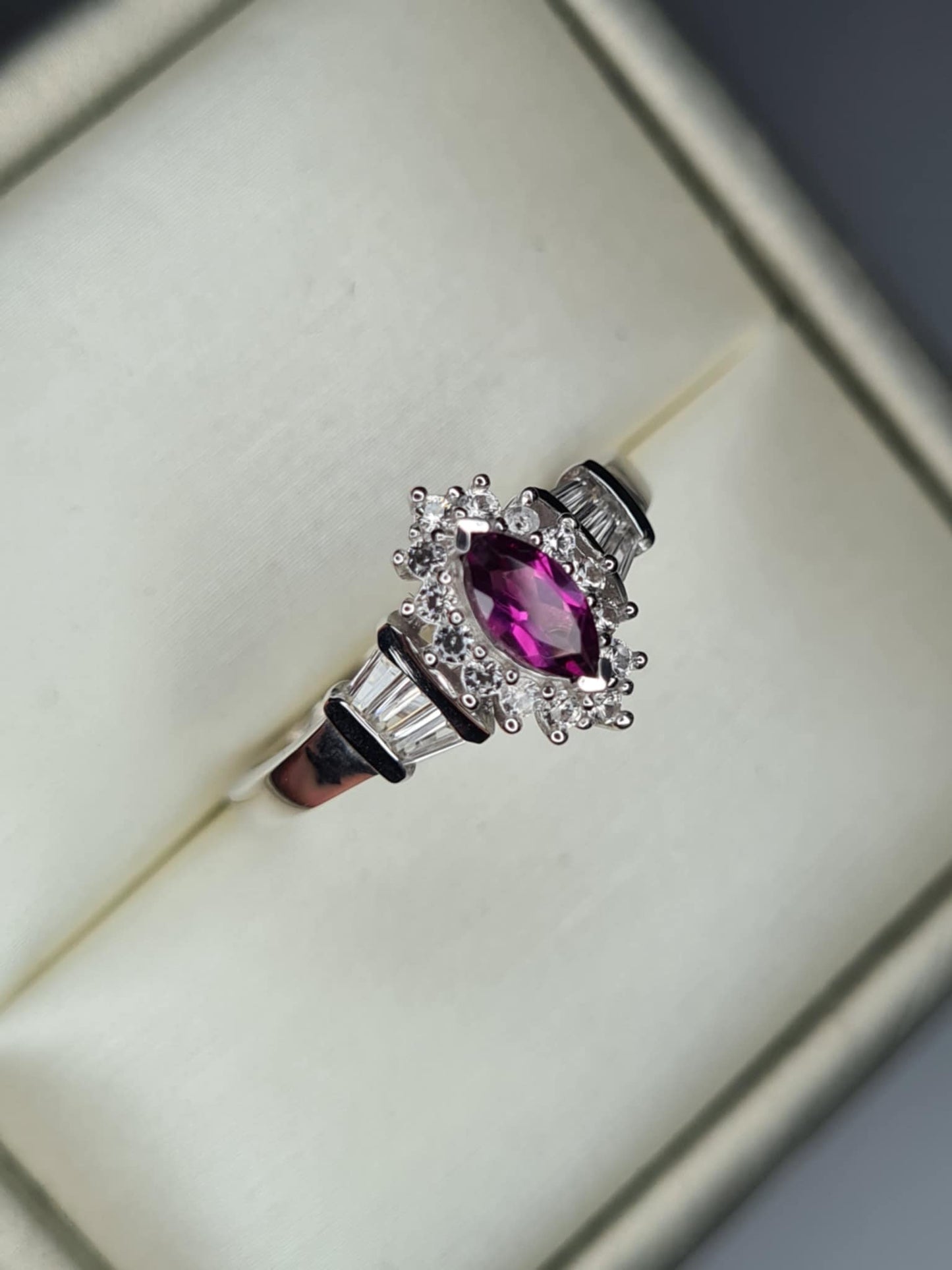 1.90ct Natural Radiant Ember Garnet, White Zircon Halo Ring in Rhodium 925 Overlay Sterling Silver SIZE P