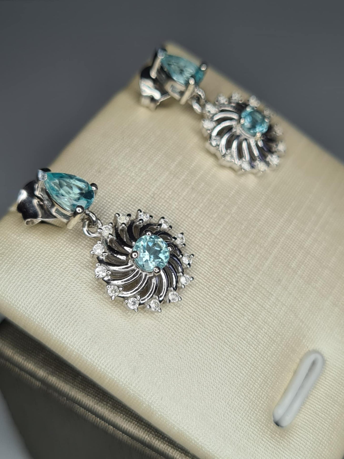 1.70ct Lagoon Apatite & White Zircon Small Dangling Earrings 925 Sterling Silver