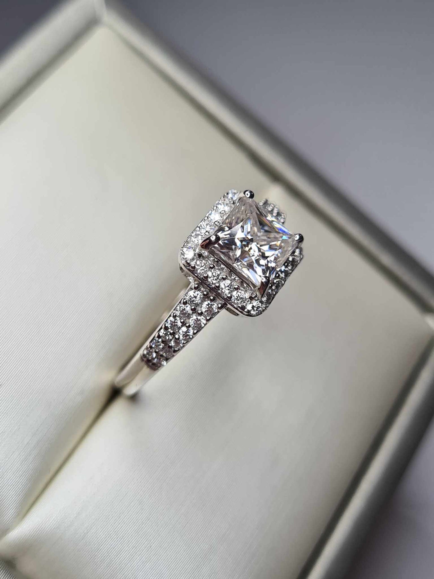 1.58ct Moissanite Square Cut Halo Ring 925 Sterling Silver SIZES N, P, R