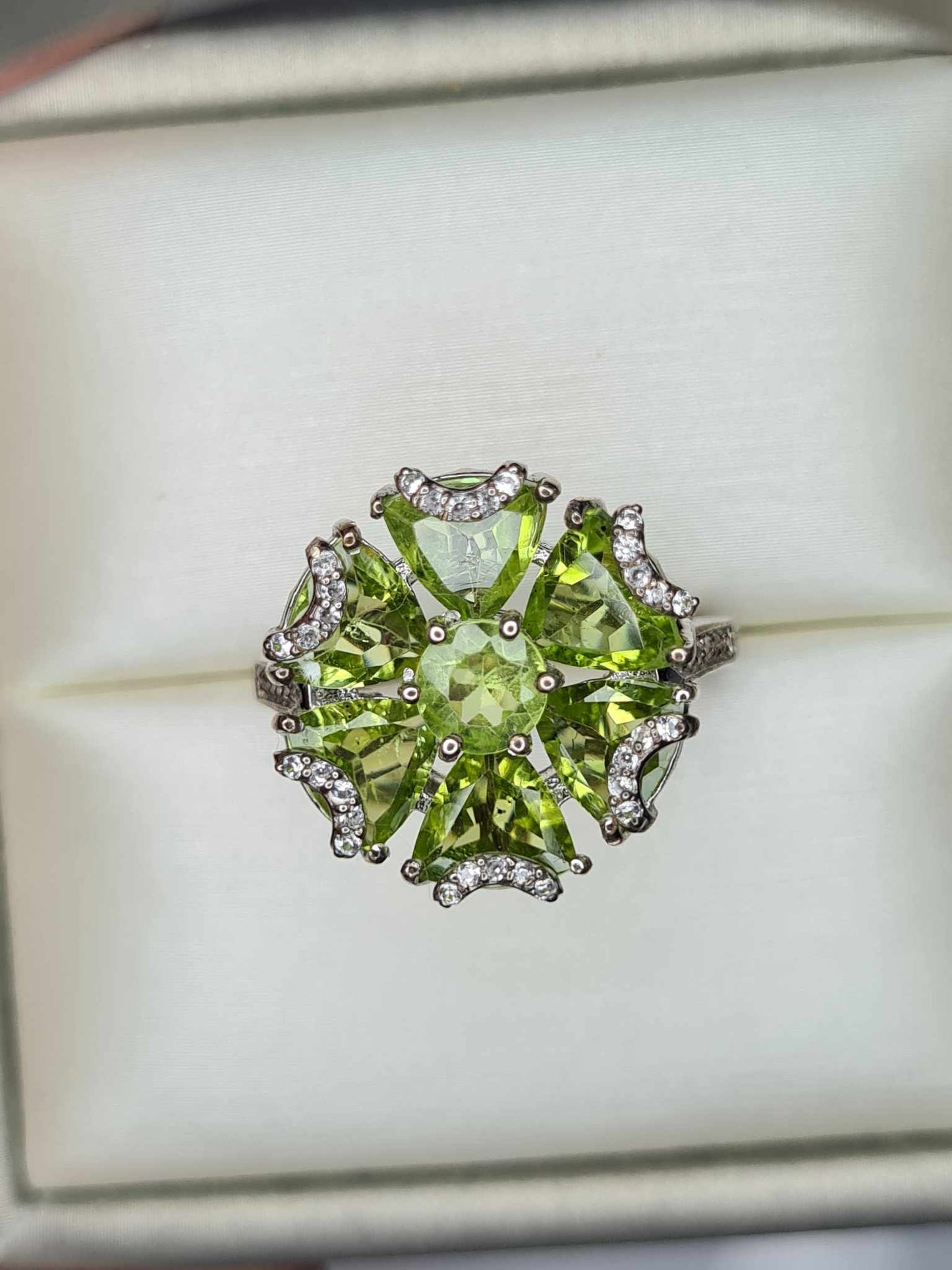 5.22ct Floral Natural Hebei Peridot & Cambodian Zircon Ring 925 Sterling Silver SIZE N