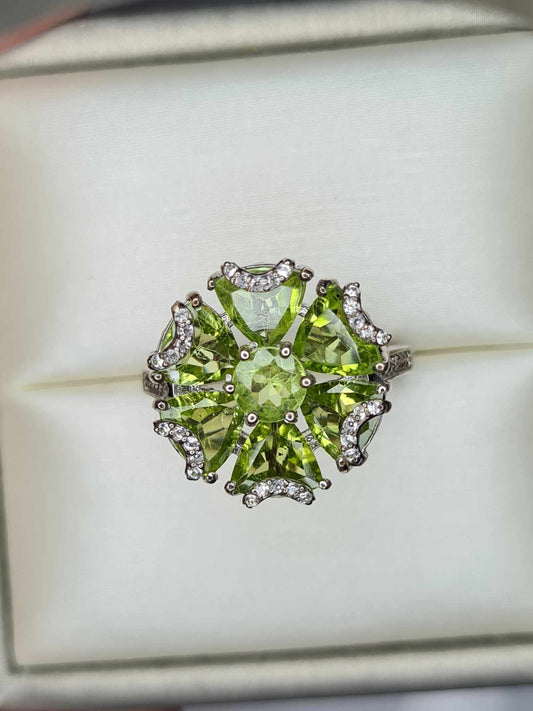 5.22ct Floral Natural Hebei Peridot & Cambodian Zircon Ring 925 Sterling Silver SIZE N