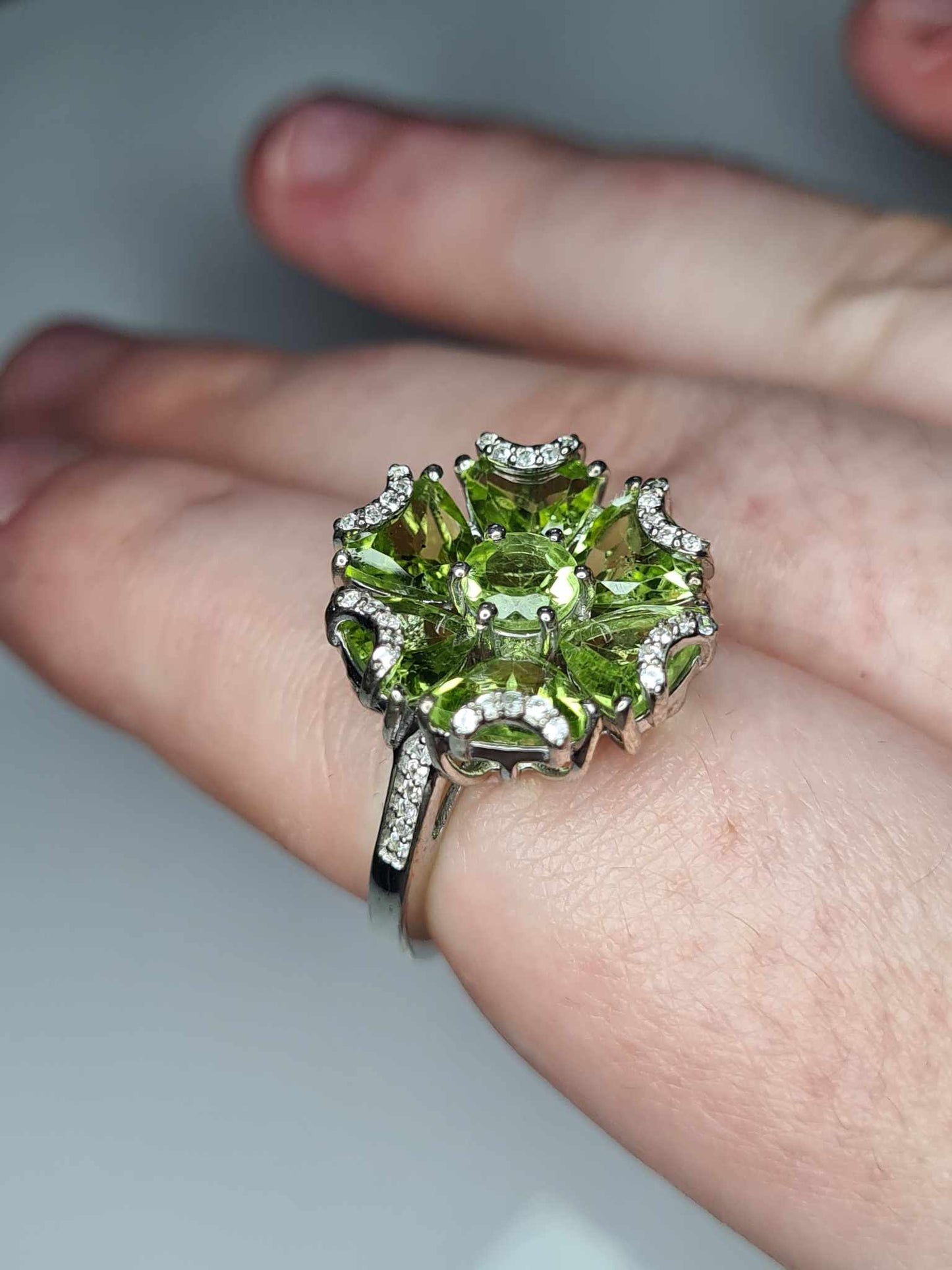 5.22ct Floral Natural Hebei Peridot & Cambodian Zircon Ring 925 Sterling Silver SIZE N