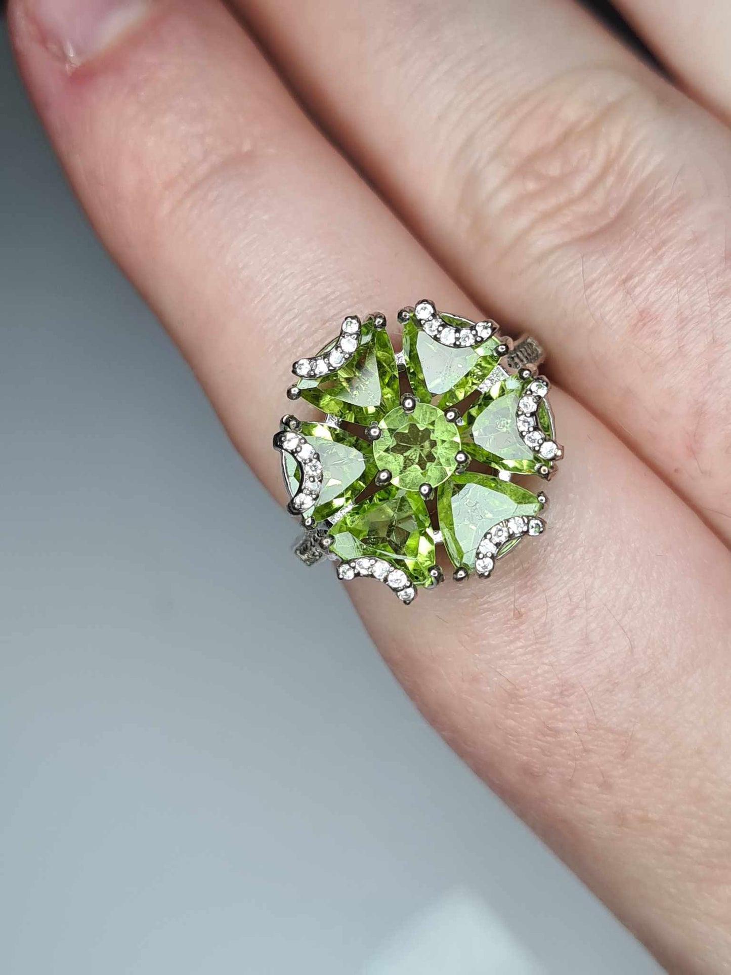5.22ct Floral Natural Hebei Peridot & Cambodian Zircon Ring 925 Sterling Silver SIZE N