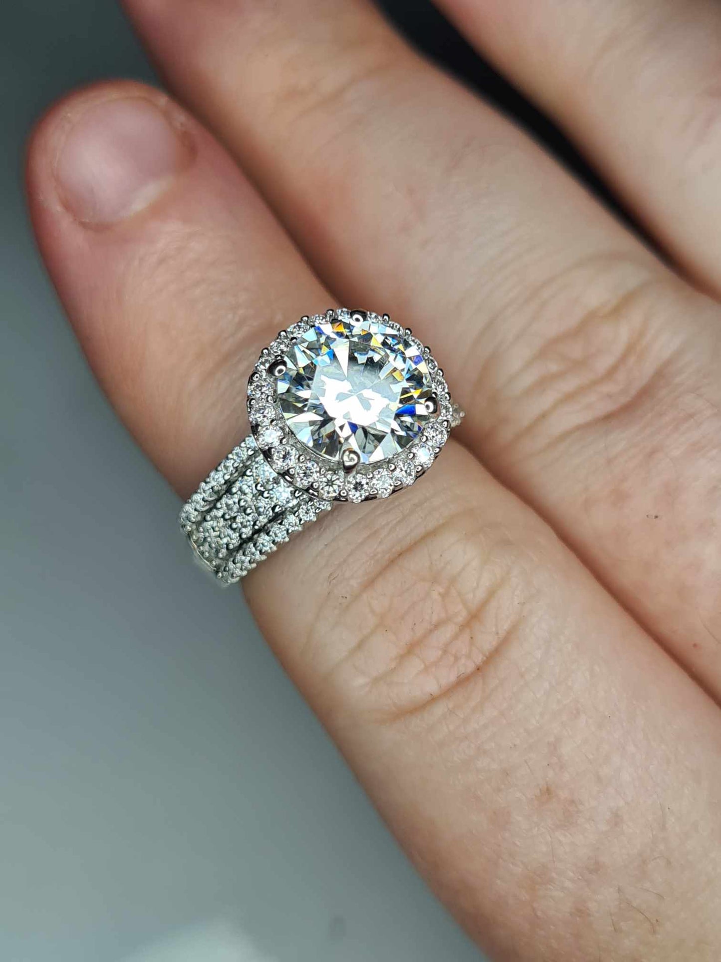 3.615 Ct. Moissanite Halo Ring In Platinum Overlay 925 Sterling Silver SIZE K