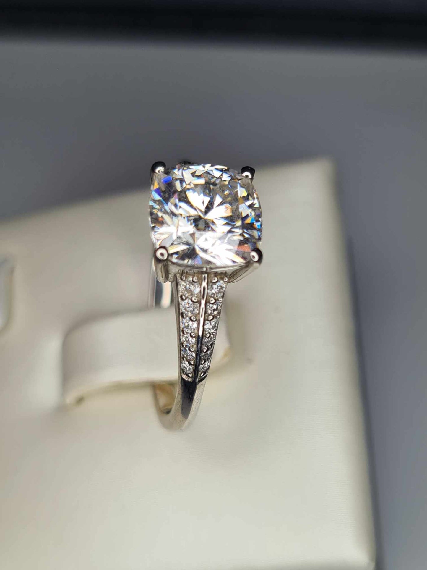 2.35 Ct Cushion Cut Moissanite Ring in Platinum Overlay 925 Sterling Silver SIZE R