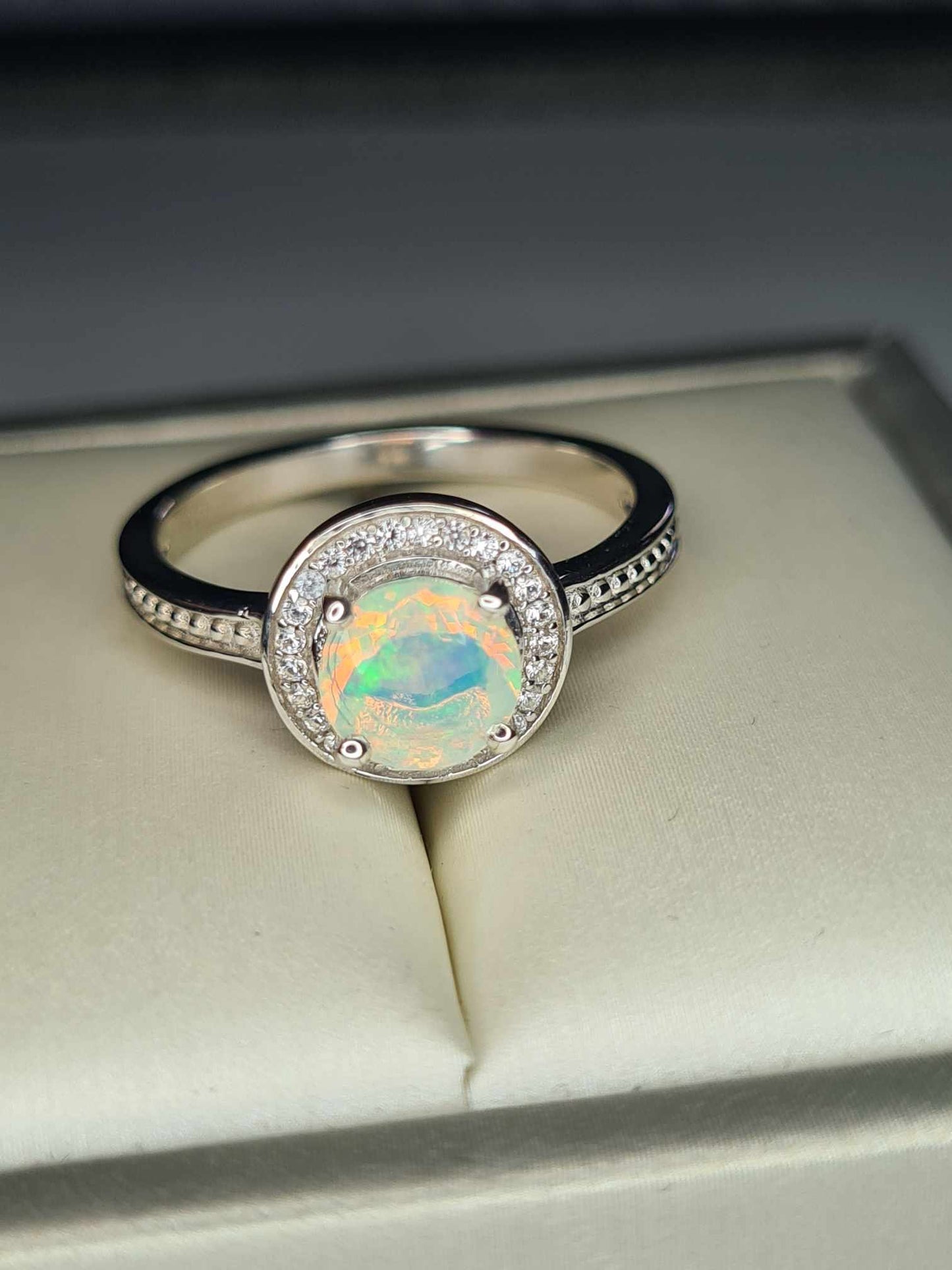 1ct Ethiopian Welo Opal & Natural Zircon Halo Ring in Platinum Overlay 925 Sterling Silver